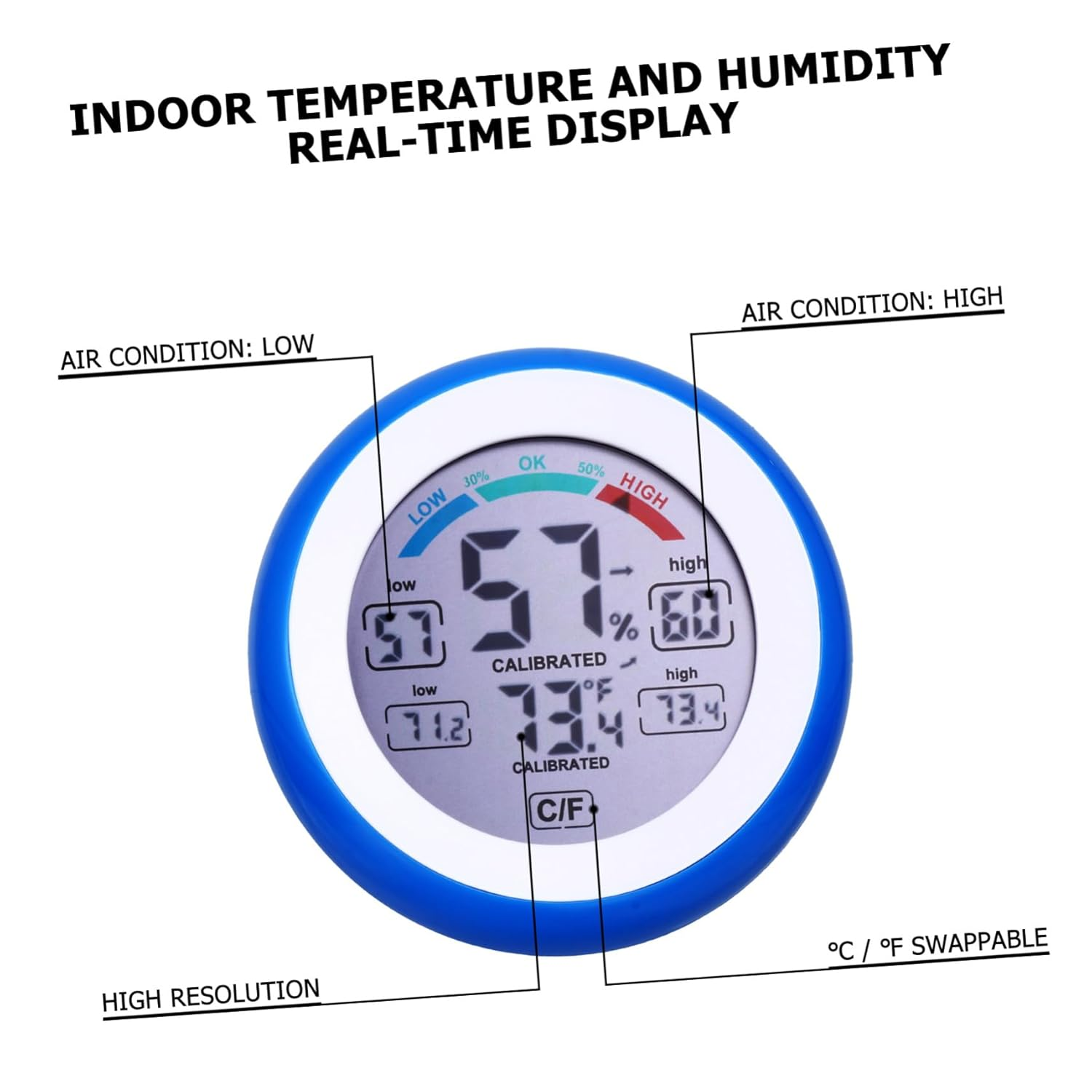 UKCOCO Multi-Functional Digital Temperature Gauge and Electric Hygrometer for Indoor Use High-Precision round LCD Touchscreen, Blue Mini Thermometer Humidity Meter without Battery