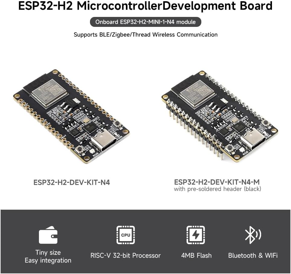 Waveshare ESP32-H2 Microcontroller, 96Mhz Processor, ESP32-H2-MINI-1-N4 Module, Built in 4MB Flash, Supports Ble/Zigbee/Thread Communication with Pre-Soldered Header image number 1