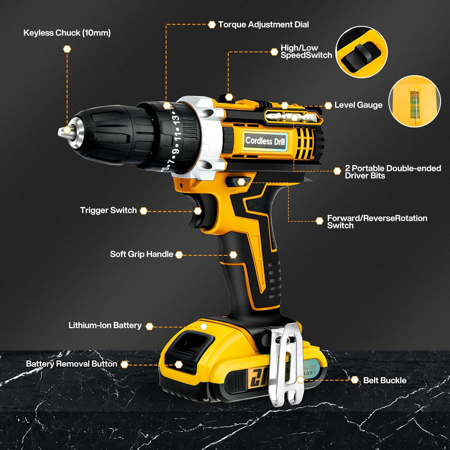 24Pcs 21V Cordless Drill Driver Set Household Hand Tool Kit,25Nm Variable Speed Multifunctional Rechargeable Power Drill Set with Led Light & Charger 25+3 Torque, 2000Mah Li-Ion for Home (Yellow) image number 2