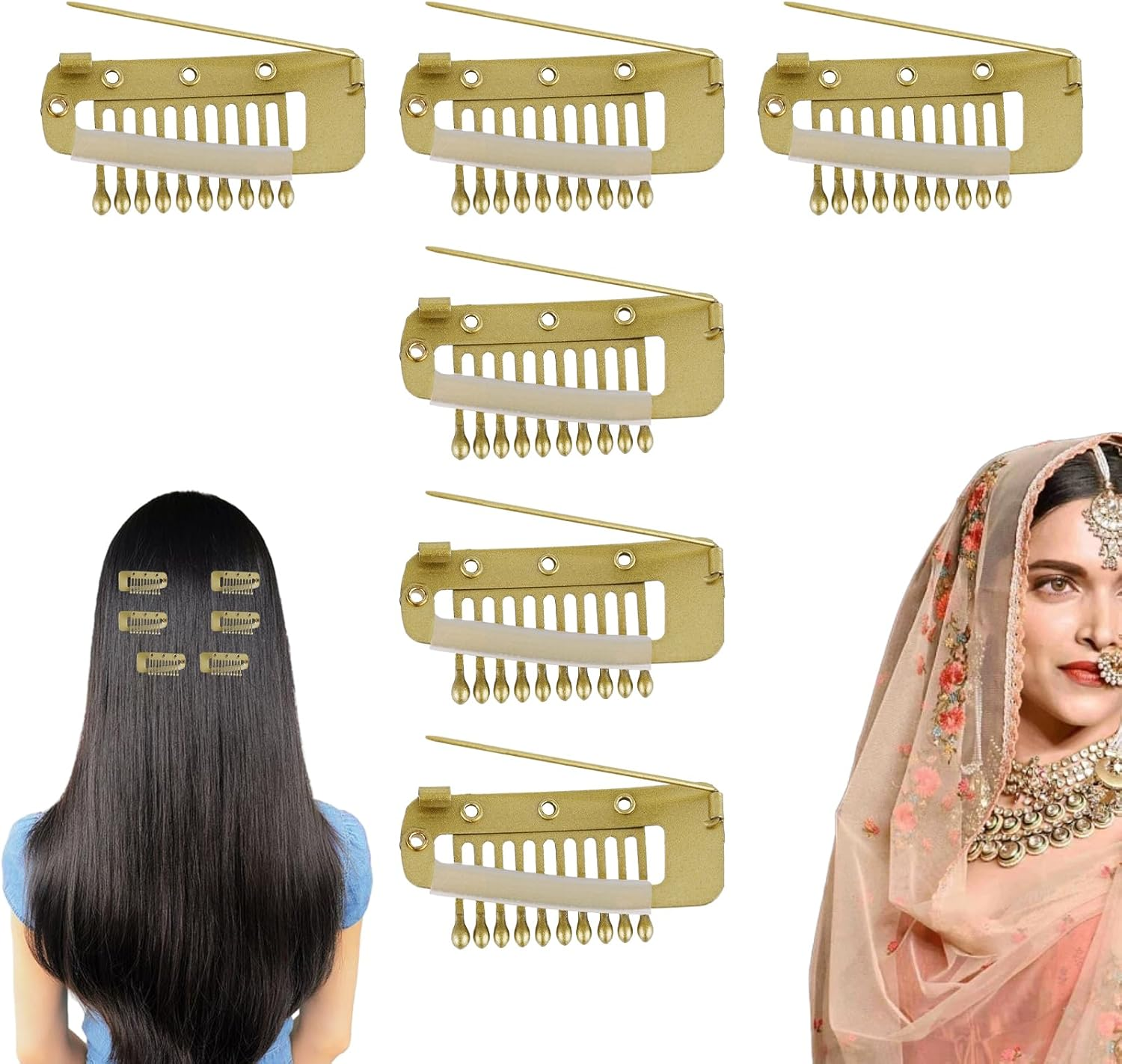 6Pcs Chunni Clip with Safety Pins Wig Clips to Secure Hair Accessories Hair Extension Clips for Dupatta, Hijab Indian Costume, with Rubber Snap to Easy Operate (Black)