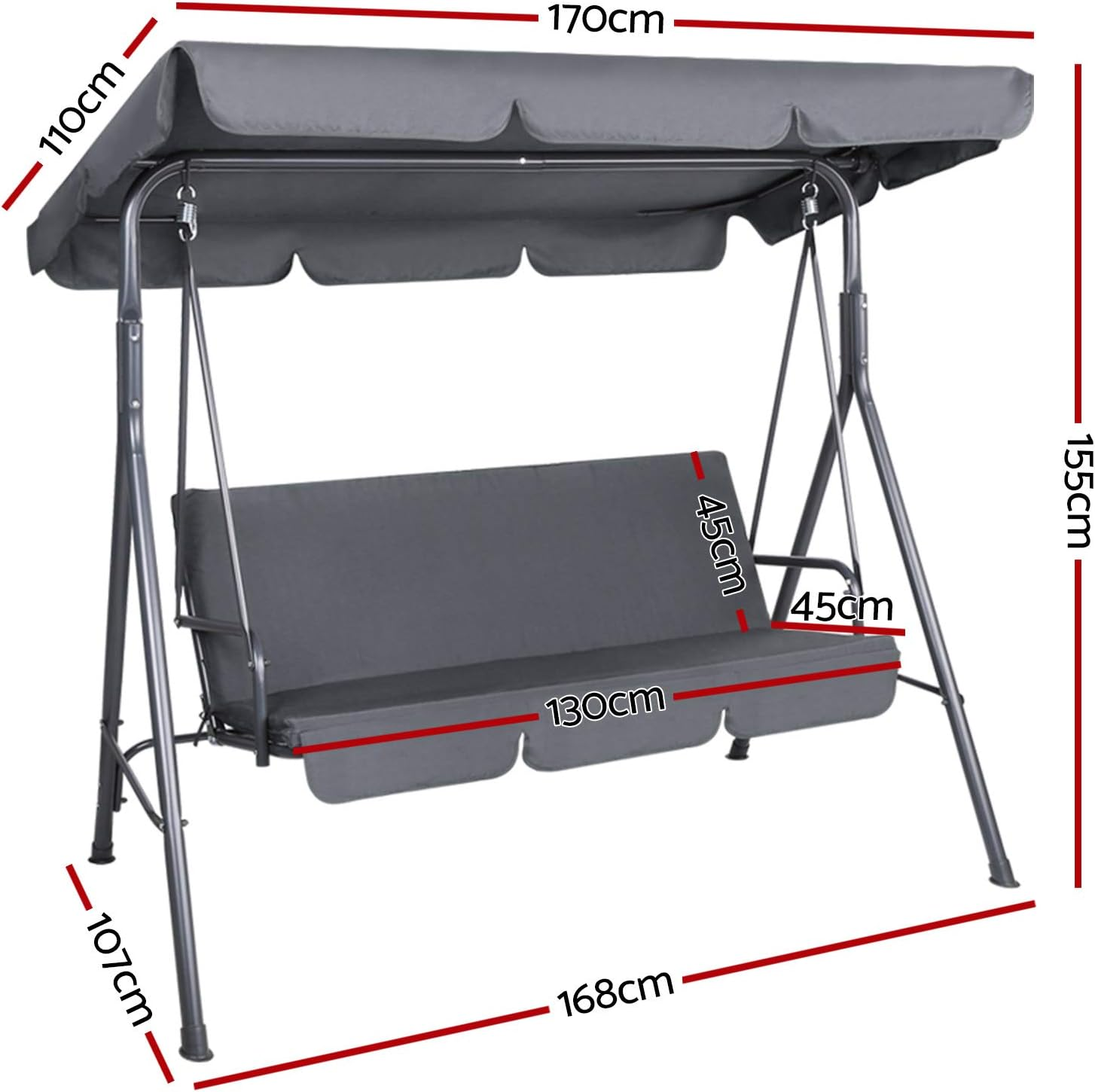 Gardeon Outdoor Swing Chair 3 Seater Grey Garden Bench Hanging Seat, Patio Baconly Furniture Chairs, with Adjustable Canopy Cushions Stand Water Resistant 200Kg Capacity - Beige image number 2