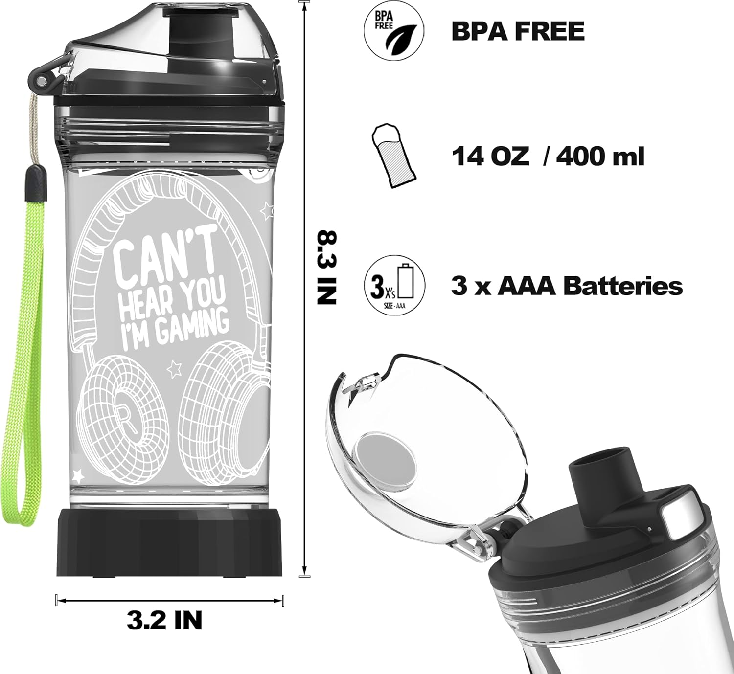 Yuandian Can'T Hear You I'M Gaming Water Bottle, Headphone 7 Color Lights 3D Light up Drinking Cups Gifts for Gamers Boys, BPA Free & Leak Proof Flip Top Lid & Easy Clean & Carry Handle, 14Oz/400Ml image number 2