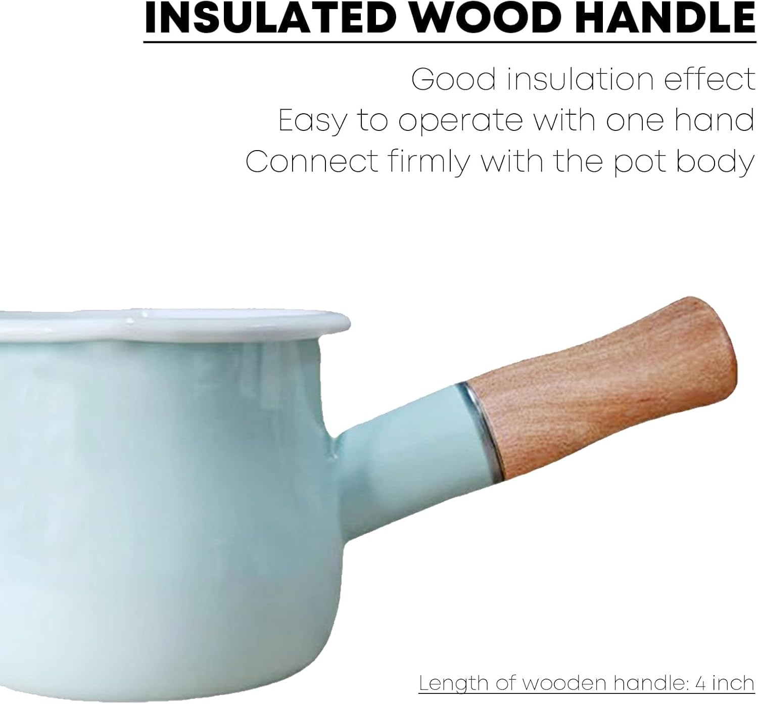0.6Qt Mini Enamel Milk Pot Insulated Wooden Handle 2 Pour Spouts Small Food Warmer Cute Saucepan (D015,Mint Green) image number 1