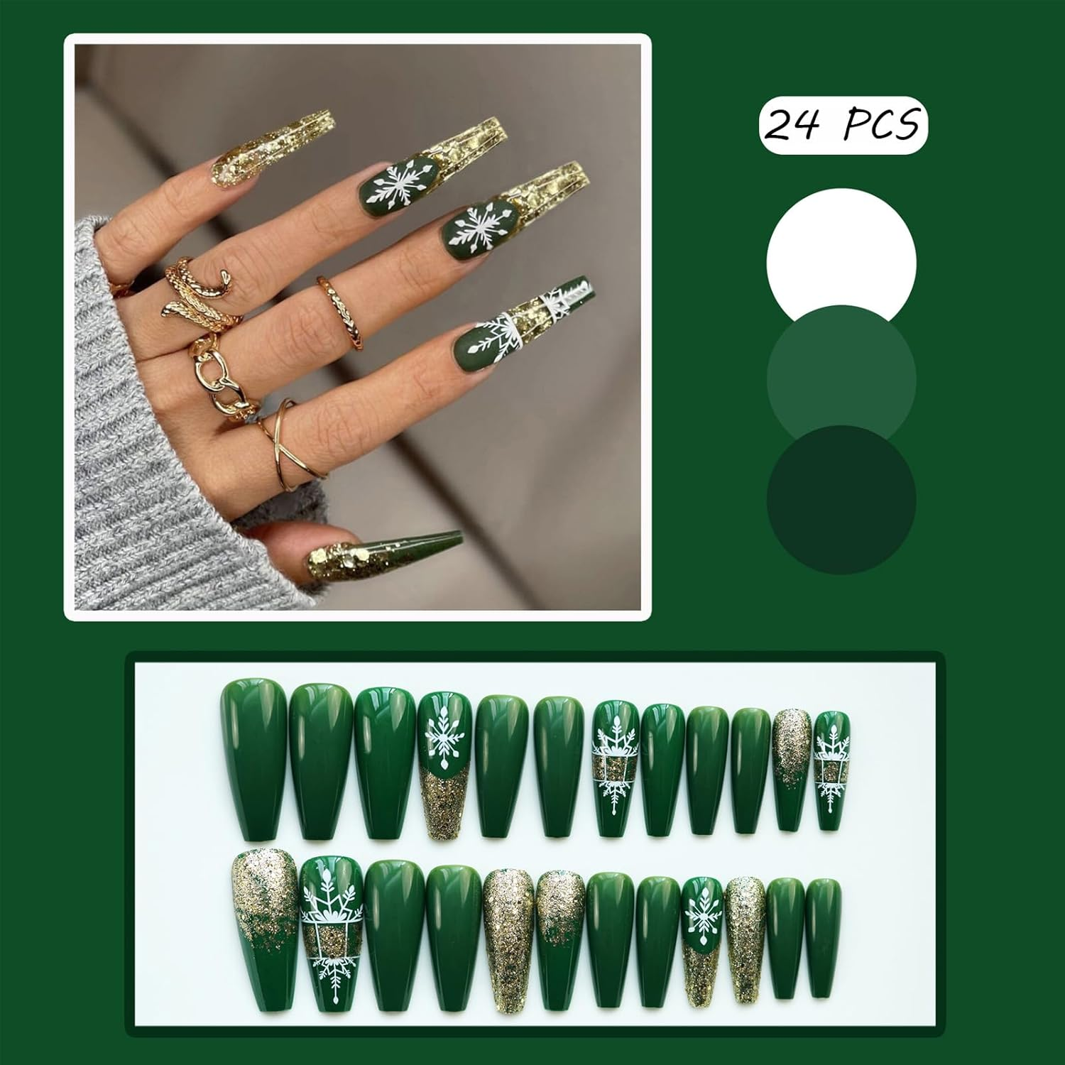 24 PCS Press on Nails Christmas Fake Nails Snowflake Fake Nails Gold Edge Fake Nails Green Fake Nails Long Fake Nails Gifts for Women and Girls (No.75)