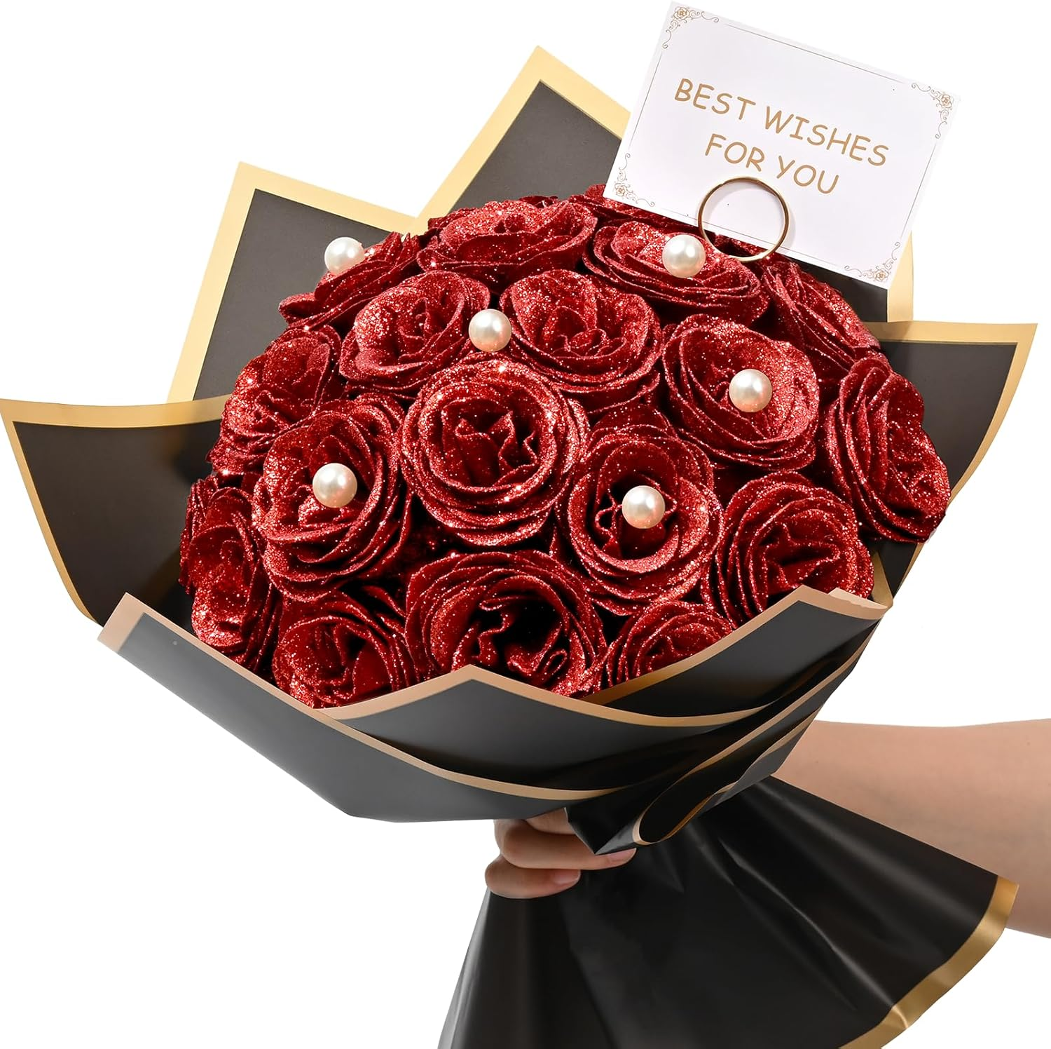 Waipfaru Red Glitter Roses Bouquet, DIY Fake Flowers Bouquet, Everlasting Shiny Artificial Rose Bouquet for Valentine'S Day, Anniversary, Engagement, Wedding, 24 Roses image number 4
