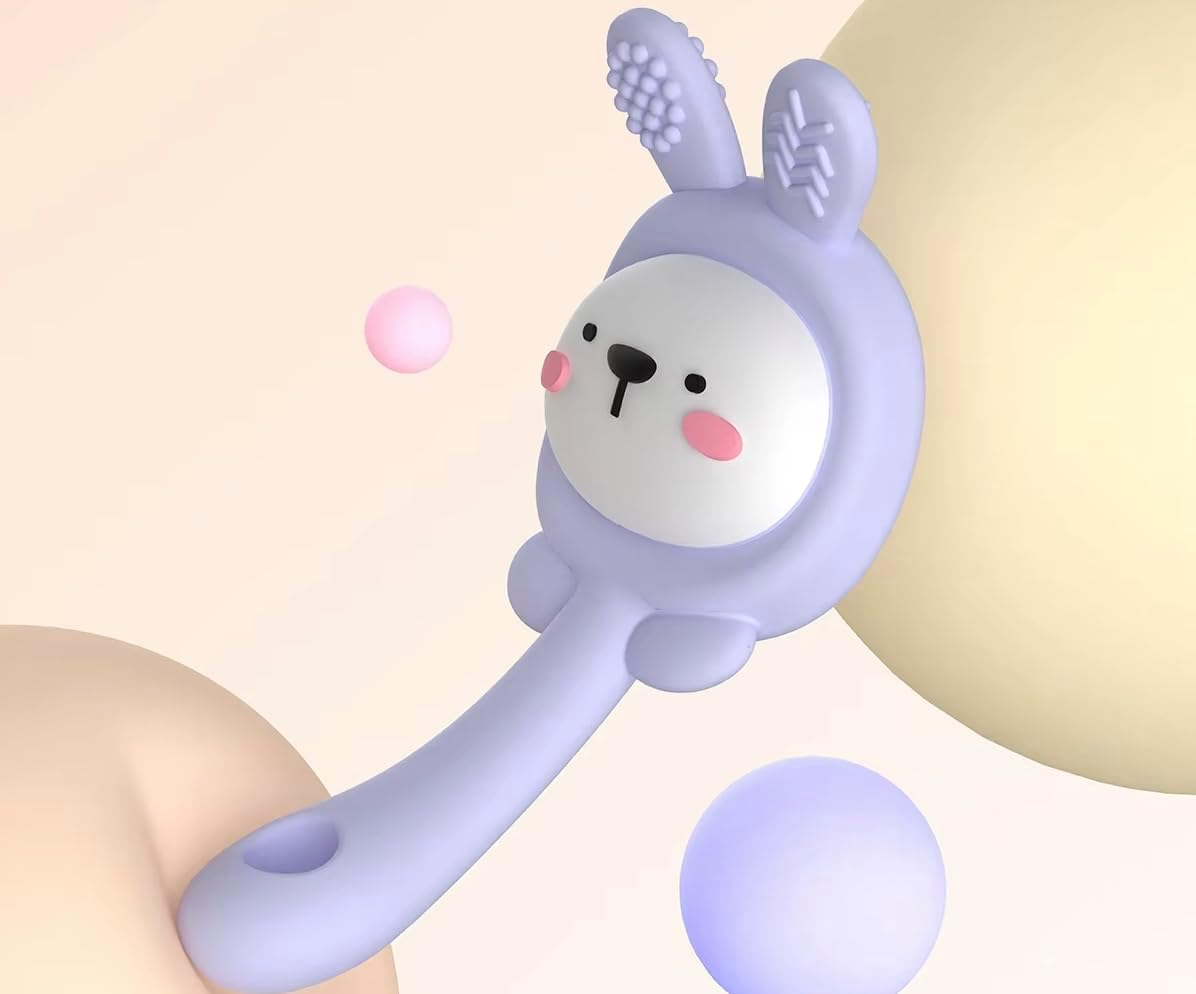 BPA Free Baby Rattle Teether Toy with Light Music - Soft Sensory Silicone Chewable for 6-12 Months Infants, Toddler Pack of 2 (Pink-Purple) image number 3