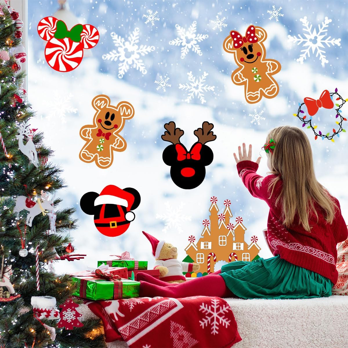 9Sheets Christmas Window Clings Gingerbread Christmas Party Decorations Ginger Bread Man Mouse Castle Snowflake New Year Winter Decor Merry Christmas Decals for Office Home Hotel Decorations image number 5