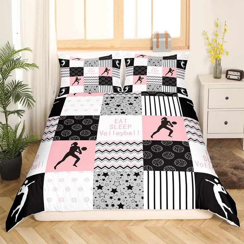 Loussiesd Volleyball Bed Set Sports Game Bedding Set 135 X 200 Cm Volleyball Player Duvet Cover Set for Children Microfibre Pink Black White Geometry Duvet Cover Decor Bedding image number 6
