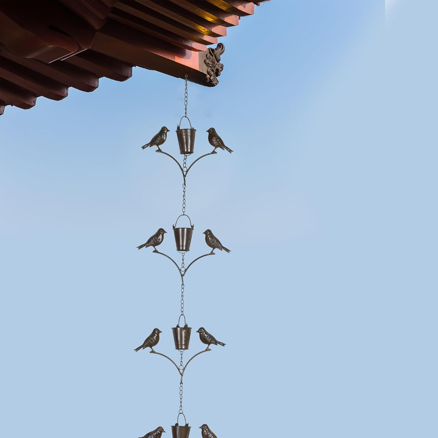 Topadorn Rain Chain Outdoor Decoration 6.3 FT, Rain Catcher Metal Chain Gutter Downspout 76'' for House Eaves, Garden & Patio, Birds & Buckets image number 5