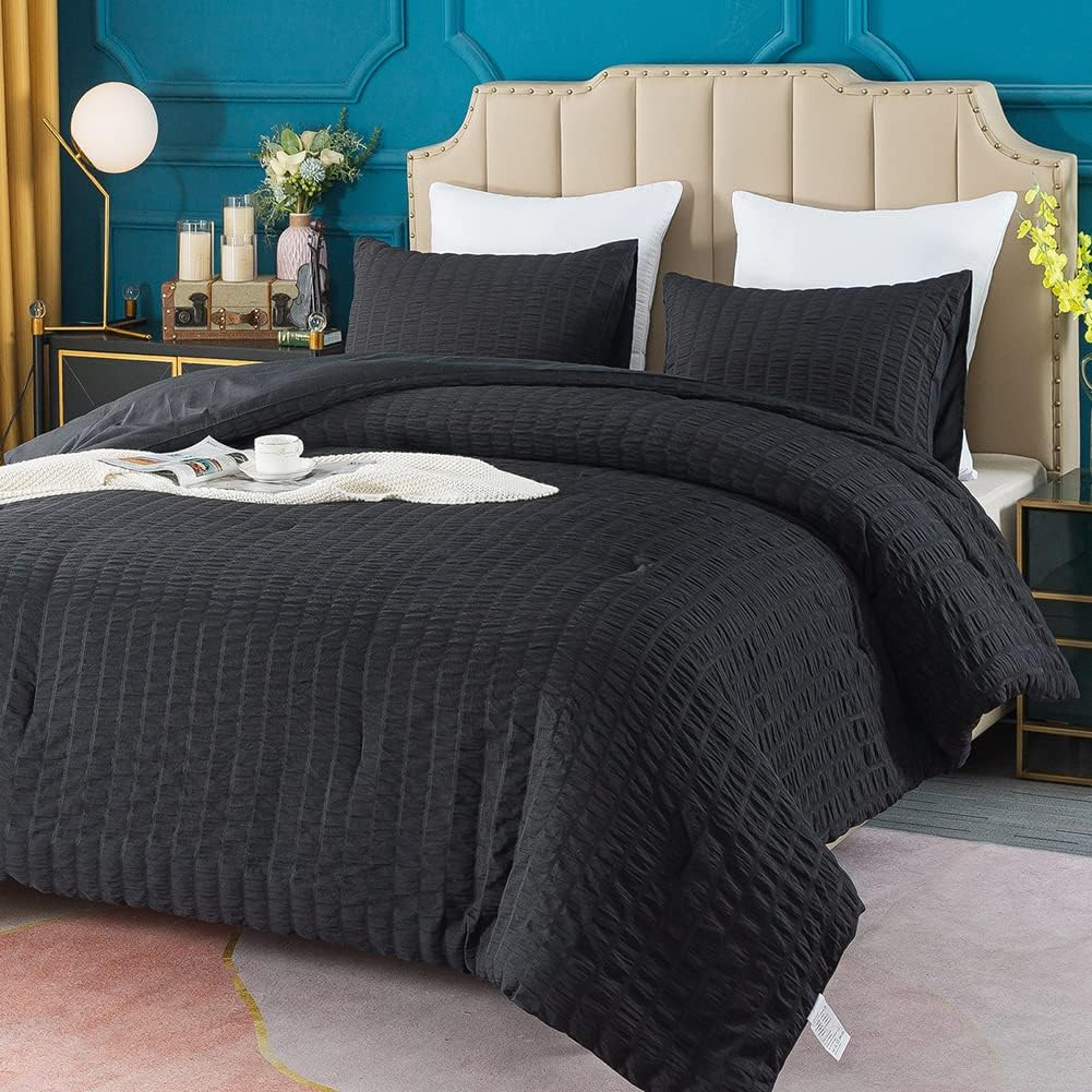 Avelom Dark Olive Green Seersucker Queen Comforter Bed Set (90X90 Inches), 3 Pieces-100% Soft Washed Microfiber Lightweight Comforter with 2 Pillowcases, All Season down Alternative