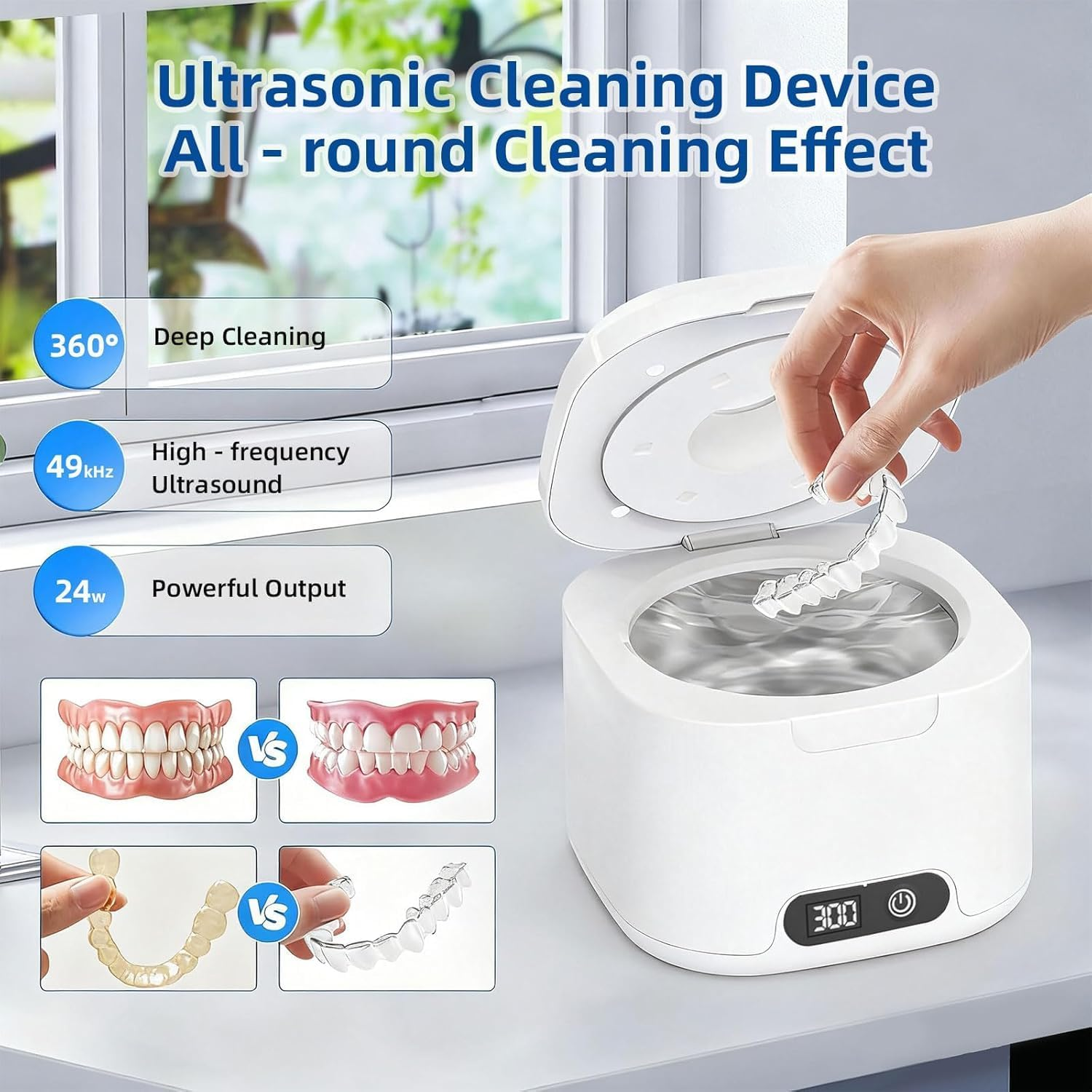 Ultrasonic Retainer Cleaner Machine, 49Khz Portable Dental Retainer Cleaner Pod for Dentures, Mouth Guards, Braces, Toothbrush Heads, Jewelry, 340ML Jewelry Cleaner Deep Cleaning, 4 Modes with Digital Timer