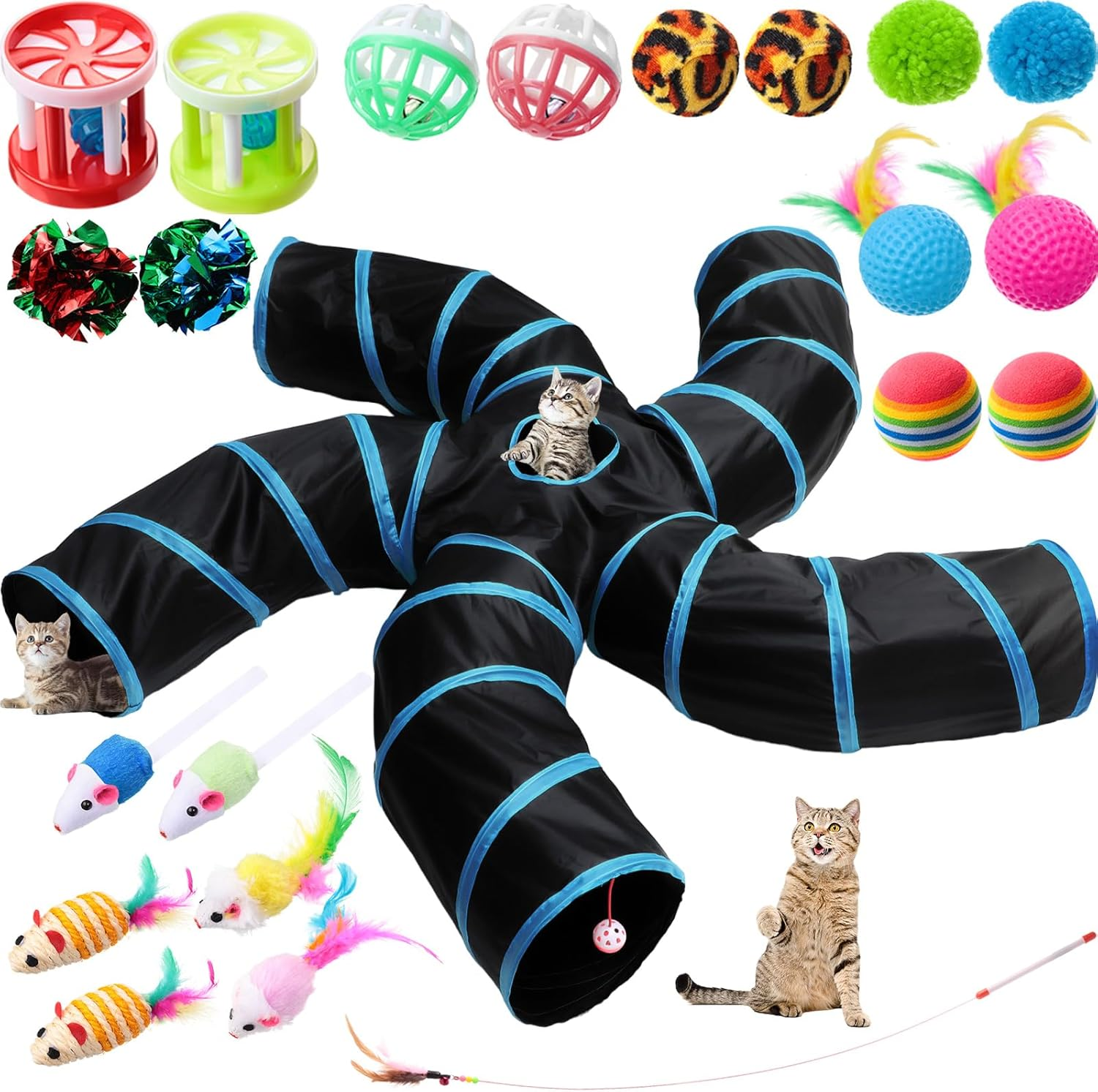Poen 21 Pcs Cat Tunnel for Indoor Cats Set Collapsible 5 Way Cat Tubes with 20 Pcs Cat Toys Kitten Toys Interactive Cat Feather Toy Mouse Crinkle Balls Cat Tube for Puppy Kitten Rabbit(Colorful)