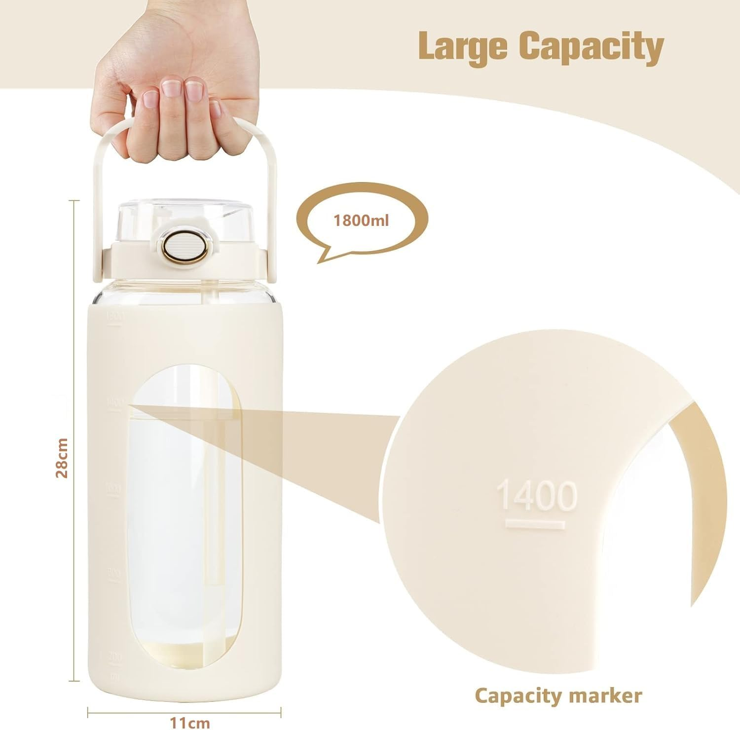 PKBD 1800Milliliter Glass Water Bottle with Silicone Sleeve, Half Gallon Water Bottle with 2 in 1 Lid and Straw, 2L Large Glass Water Jug for Sports Gym Workout White image number 2