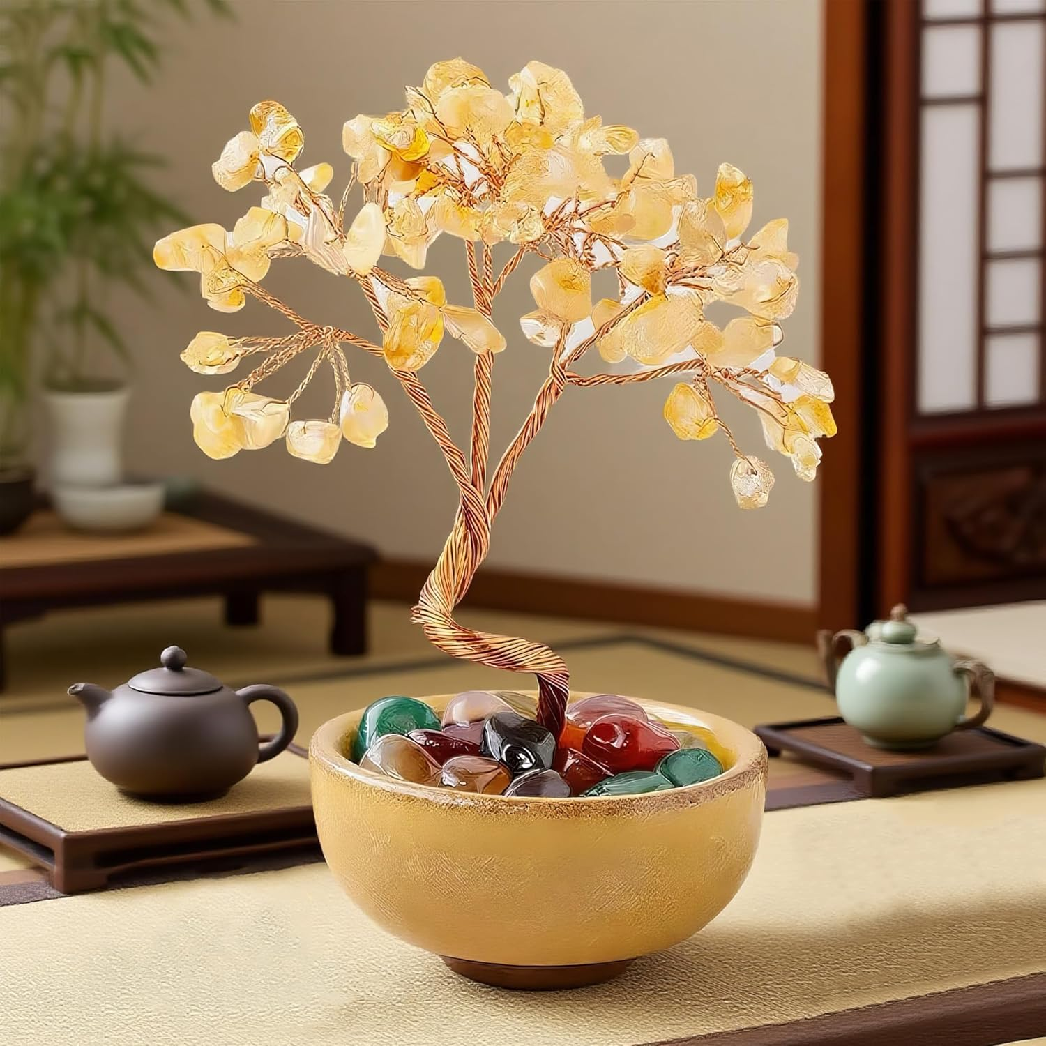 Green Aventurine Crystal Money Tree - Feng Shui Bonsai for Luck & Prosperity, Tabletop Decor for Home Office Artificial Trees with Green Ceramic Pot - Green image number 5