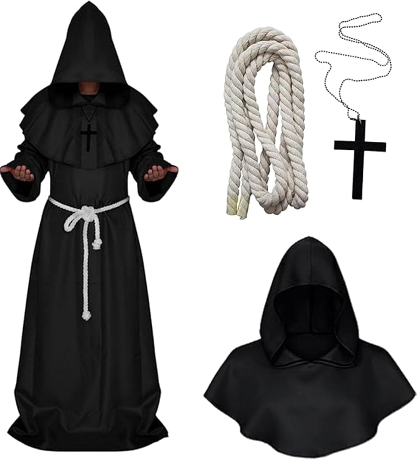 Medieval Costume Halloween Costumes Men Witch Hooded Robe Cloak Vampire Cape with Hood image number 5