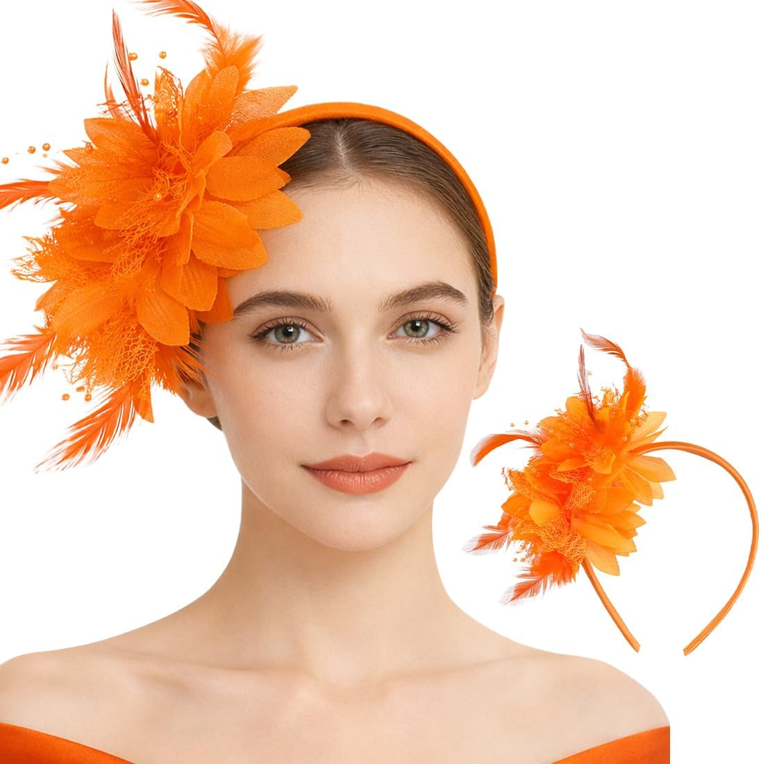 OIXEYA Feather Headband, Costume for Carnival, Feather Headband with Artificial Flowers, 1920S Fascinator Headpiece for Women, for Carnival Party, Cosplay, Wedding (Orange) image number 1