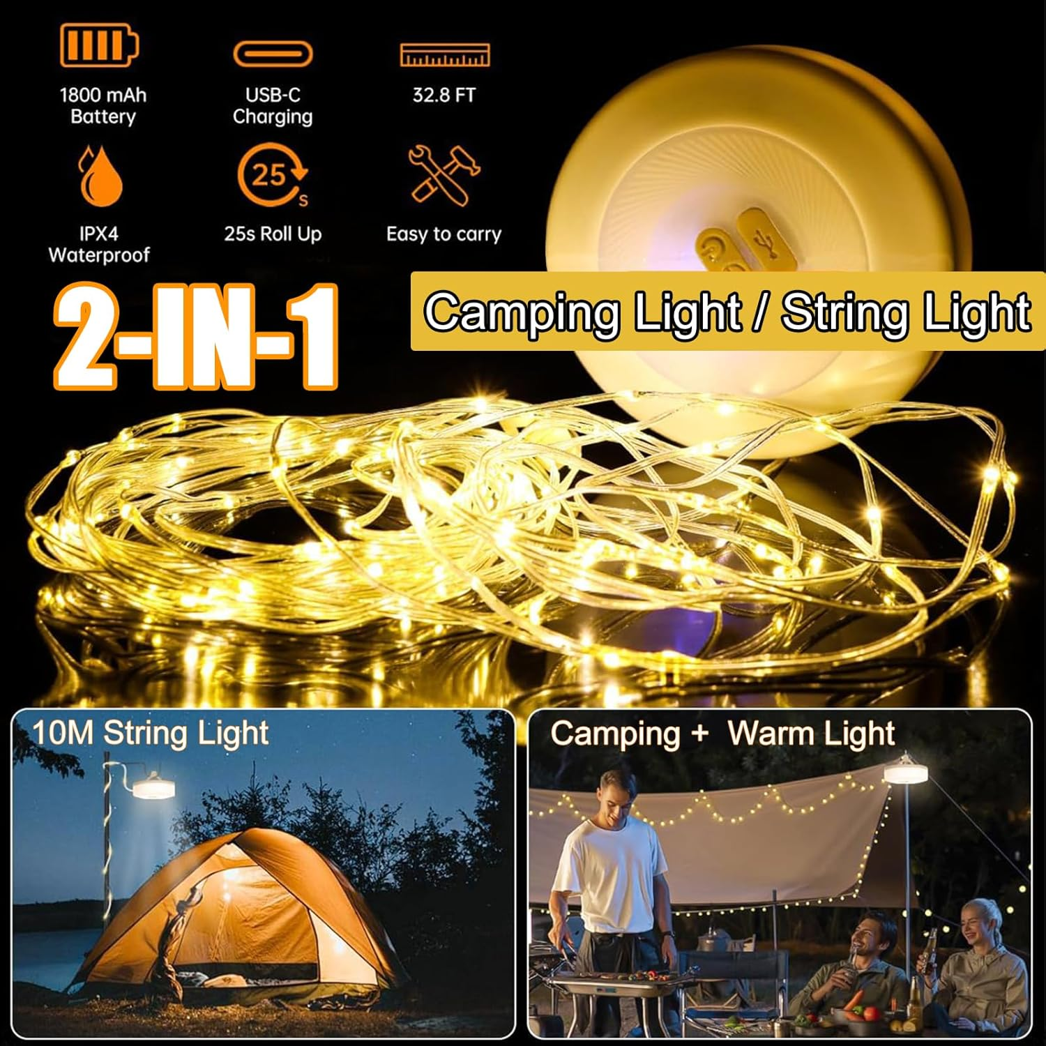Camping String Light Lamp, 2 in 1 Rechargeable Waterproof LED Hanging Light, 32.8Ft Portable Camping Lantern for Outdoor Tent Garden Party Festival Decor