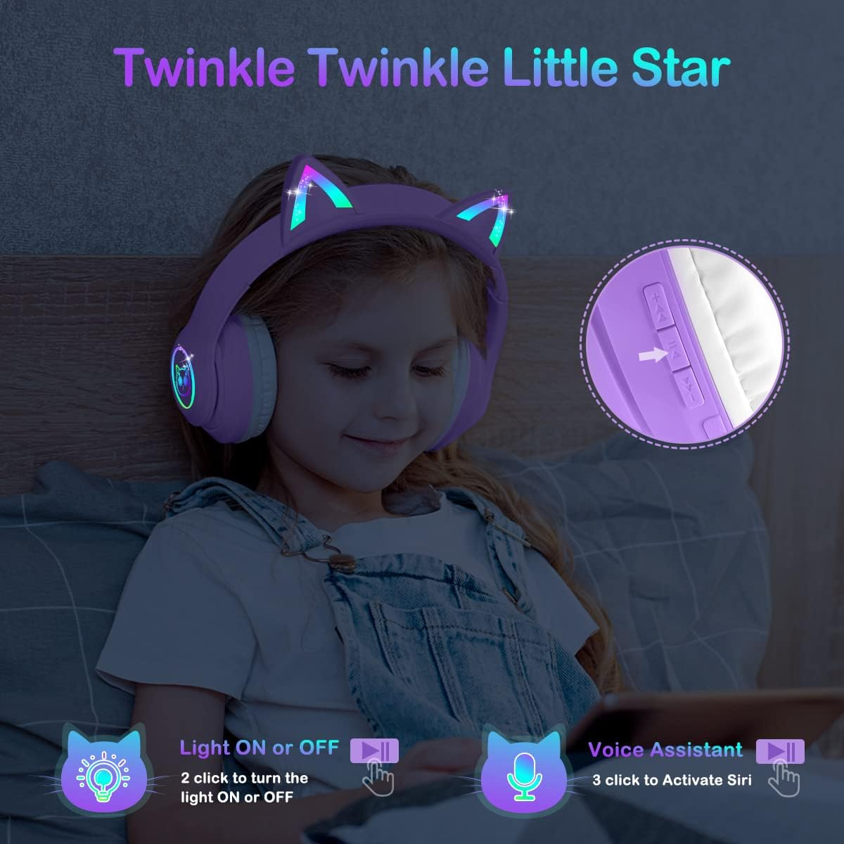 LOBKIN Bluetooth 5.4 Kids Headphones with Case - RGB LED Light up Cat Ears Foldable Adjustable On-Ear Headset Support Wireless or 3.5Mm Wired Mode for Toddler & Girls & Boys Teens (Purple) - Pink image number 3