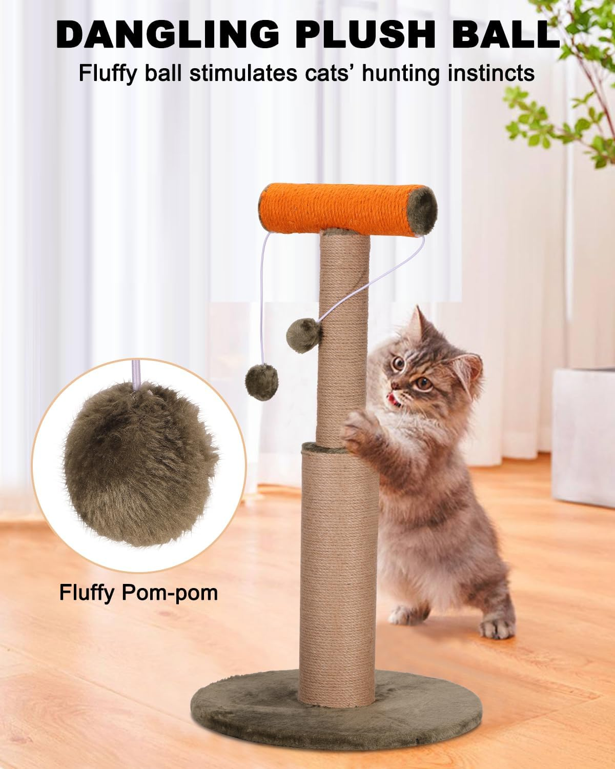 Cat Scratching Post, 29.5&rdquo; Tall Scratch Posts Sisal Scratcher with Hanging Plush Ball Toys for Indoor Adult Cats & Kittens image number 6