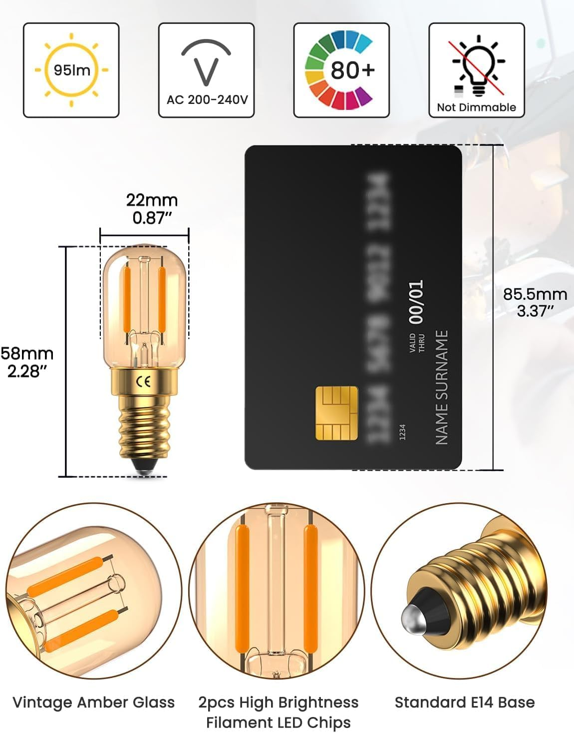 Doright Vintage E14 LED Bulb, Mini 1W Amber Glass, Warm White 2200K, Filament Retro Lamp, 10W-15W Equivalent, 95 Lumens, Non Dimmable, 2 Pieces image number 1