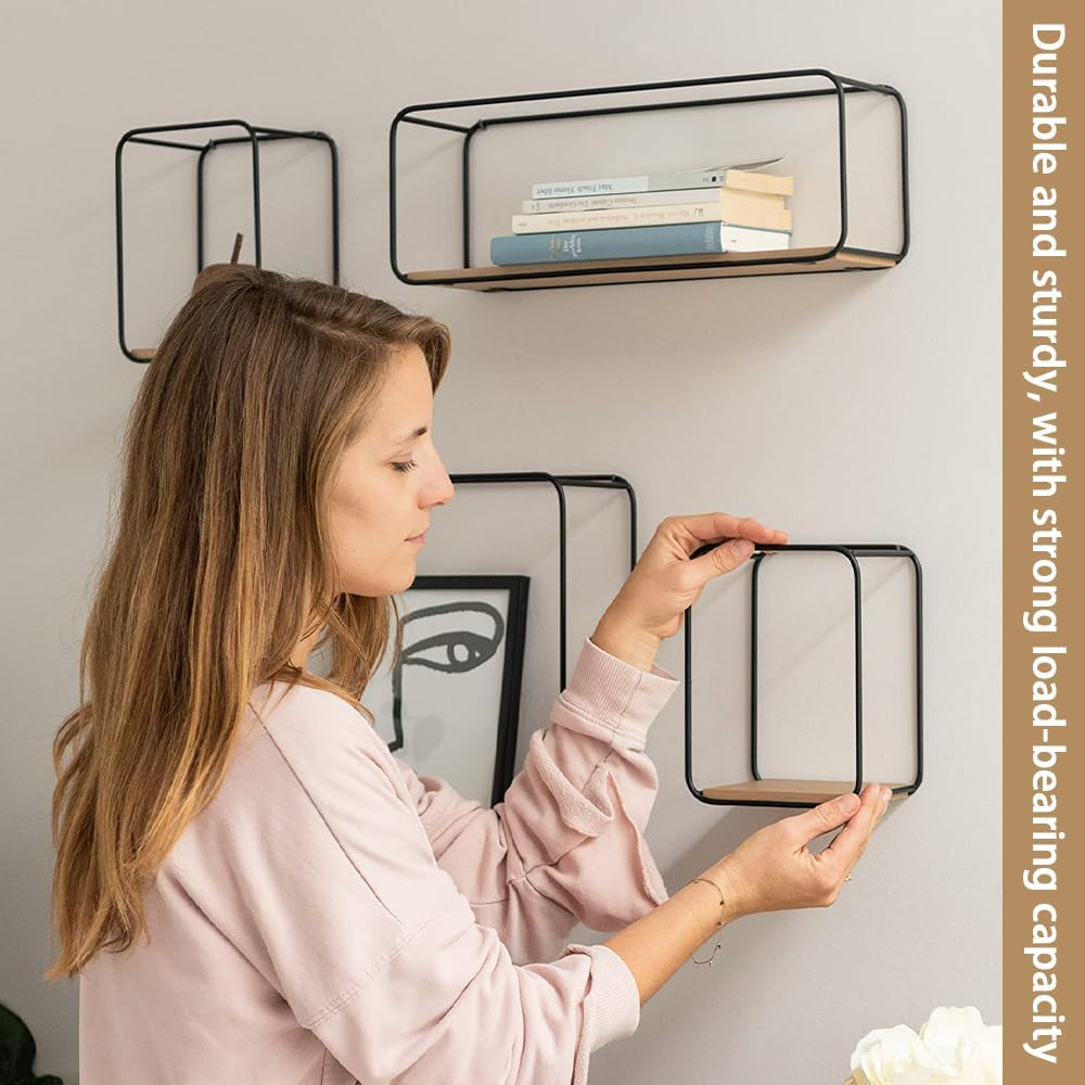 Wall Shelves, 4-Part Shelving Unit Made of Metal and Real Wood Veneer, Wall Decor, Storage and Book Shelf for Bathroom, Living Room, Kitchen, Bedroom and More, Black image number 3