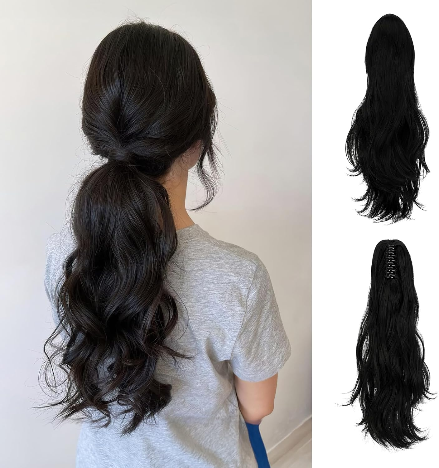 Ponytail Extension Claw 18" Natural-Looking Synthetic Wavy Long Pony Tails Hair Extensions Dark Black Clip-In Hairpiece for Women