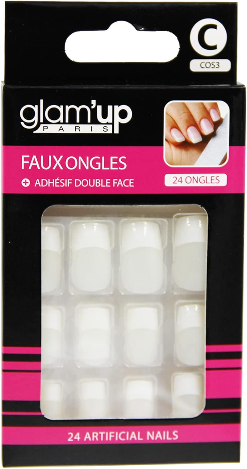 Glam'Up Paris - False Nails - Full Cover - Easy to Use - 24 False Nails per Box + Double Sided Tape - Square Shape XL - No. 3 - French Manicure - White image number 2