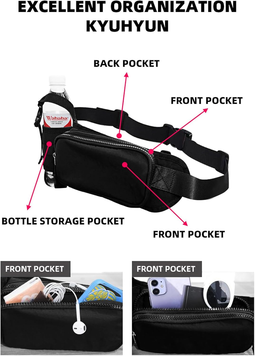 Fanny Pack Waterproof Waist Bag Pack Men Women Hip Bum Bag with Water Bottle Holder Adjustable Strap Suitable for Outdoors Workout Traveling Hiking Cycling Dog Walking Pouch Bag(Black) (Large) image number 3