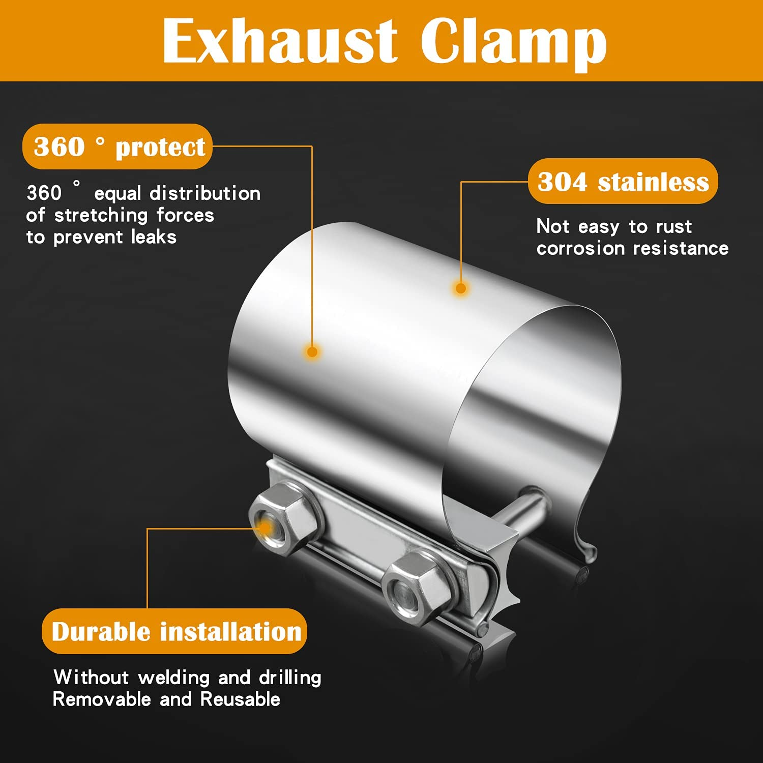 Tnuocke 1.75" Butt Joint Band Exhaust Seal Clamp Sleeve,45Mm Stainless Steel Exhaust Sleeve Band for Exhaust Pipe, Muffler,Manifolds,Coupler H-031-45 image number 3