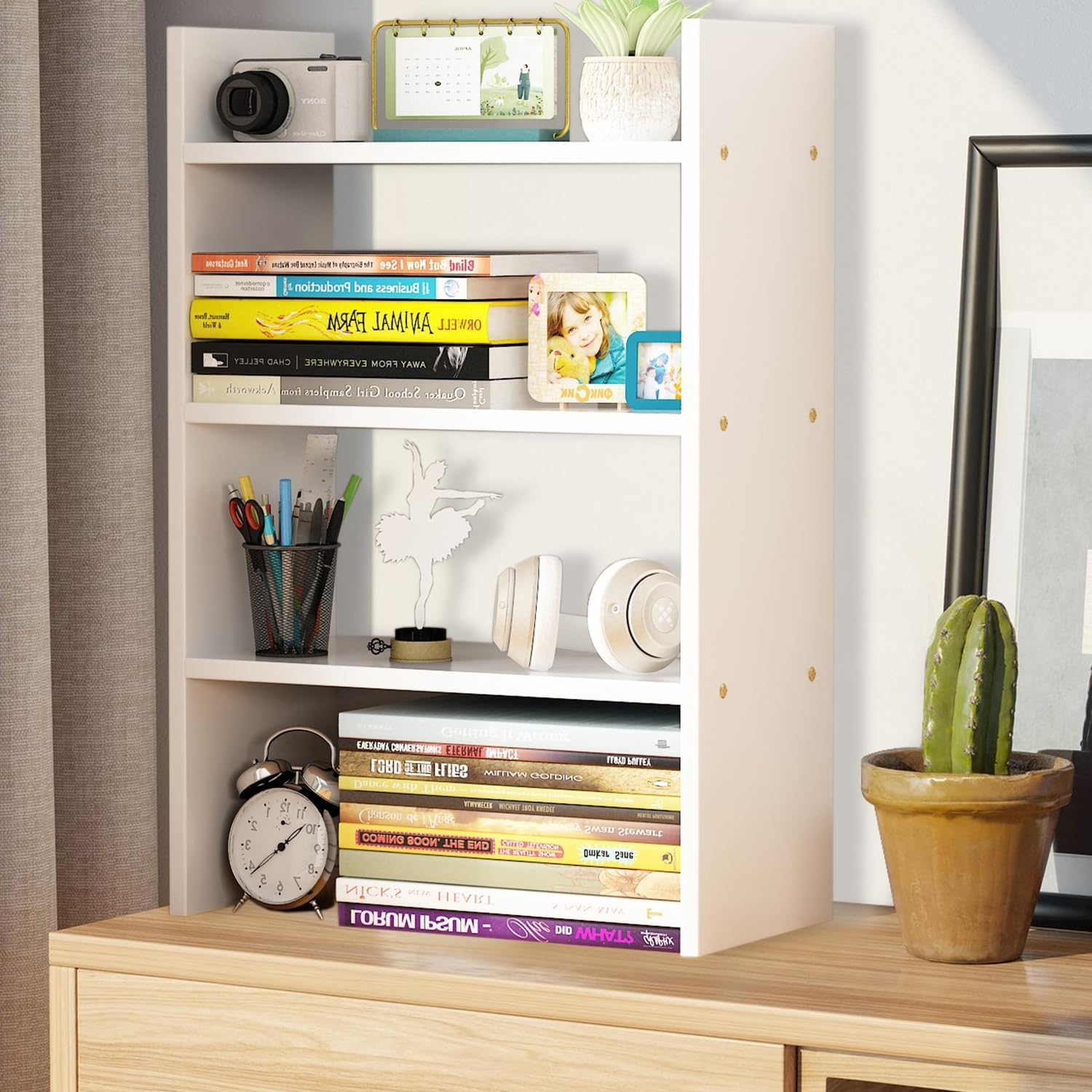 Uandhome Desktop Bookshelf,3-Tier Desktop Display Organizer Rack,Multipurpose Wood Desktop Bookshelf Storage Organizer for Dorm Office Home(White) (White) image number 1