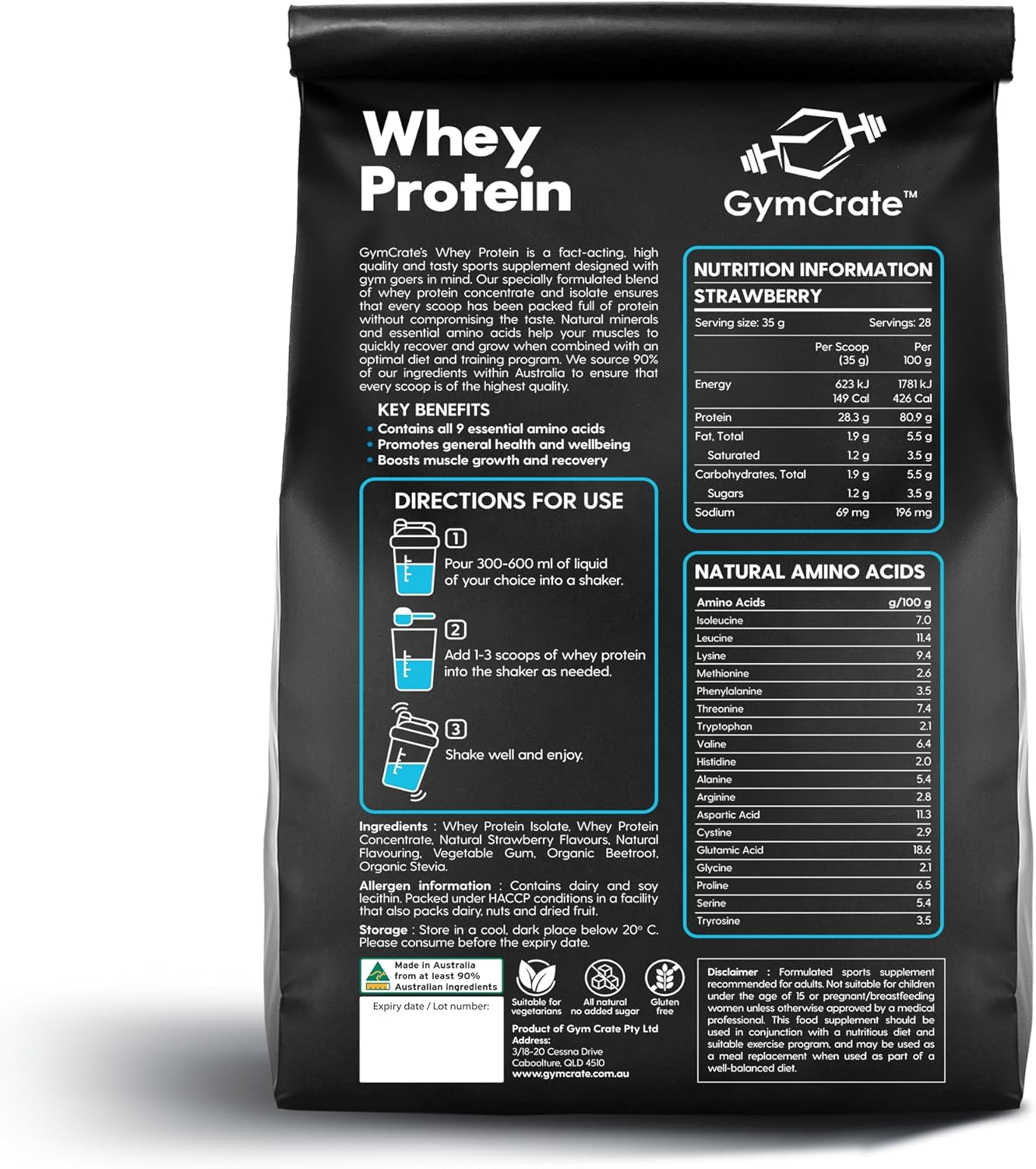 Gymcrate Strawberry Whey Protein Powder (1Kg) | Whey Protein Isolate & Concentrate Blend | 28G Protein per Serving | 28 Servings | Lean Muscle Support for Bodybuilders, Gym-Goers | Vegetarian Sports Nutrition Supplement image number 1