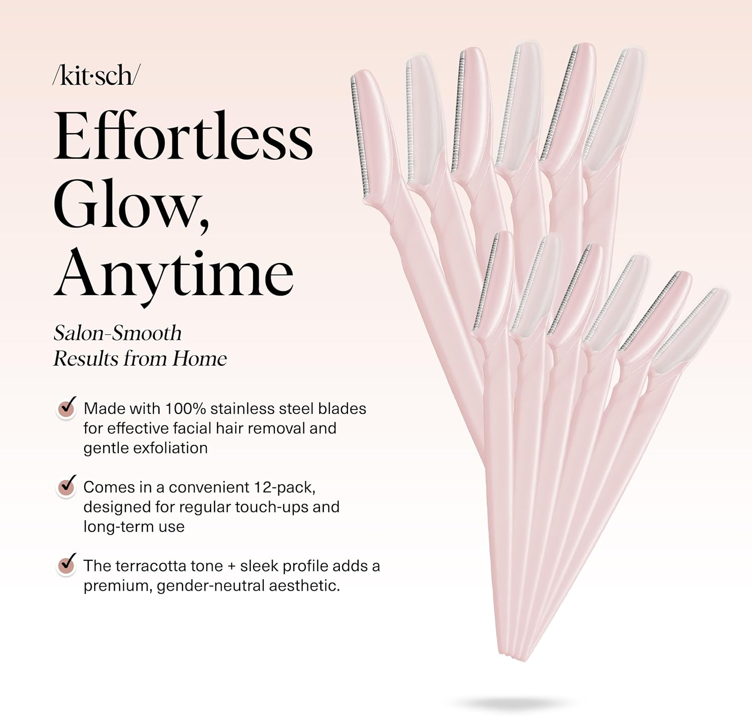 Kitsch Dermaplaning Tool - 12 Pieces Razor Face Razor for Women, Eyebrow Razor, Facial Hair Removal for Women, Dermaplane Razor for Face, Blush - Blush image number 5