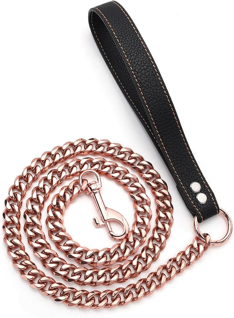 RUMYPET Rose Gold Dog Leash 11Mm/15Mm Metal Cuban Link Dog Chain Leash Chew Proof Comfortale Leather Handle for Walking Trainning 3Ft/4Ft/5Ft(11Mm,4Ft) image number 1