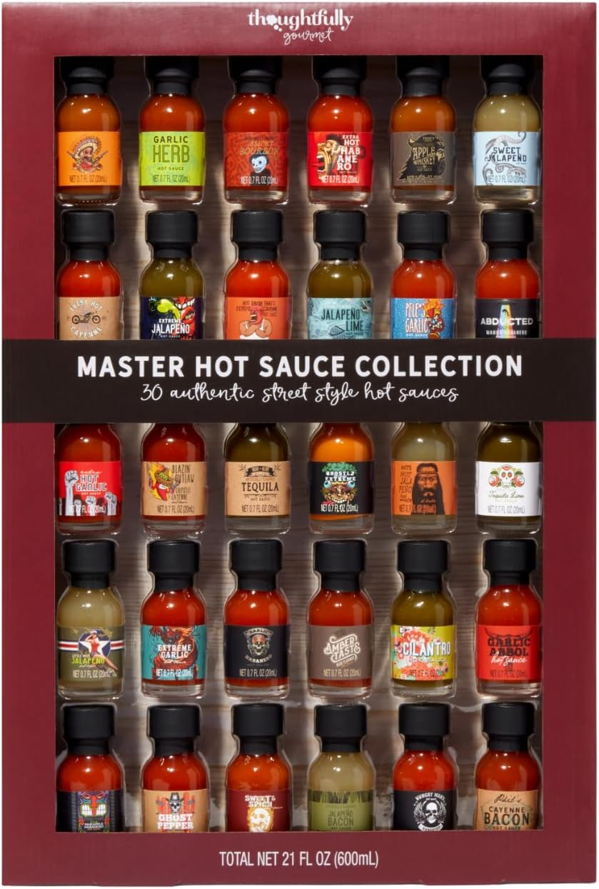 Thoughtfully Gourmet, Master Hot Sauce Collection Sampler Set, Flavors Include Garlic Herb, Apple Whiskey and More, Hot Sauce Gift Set of 30