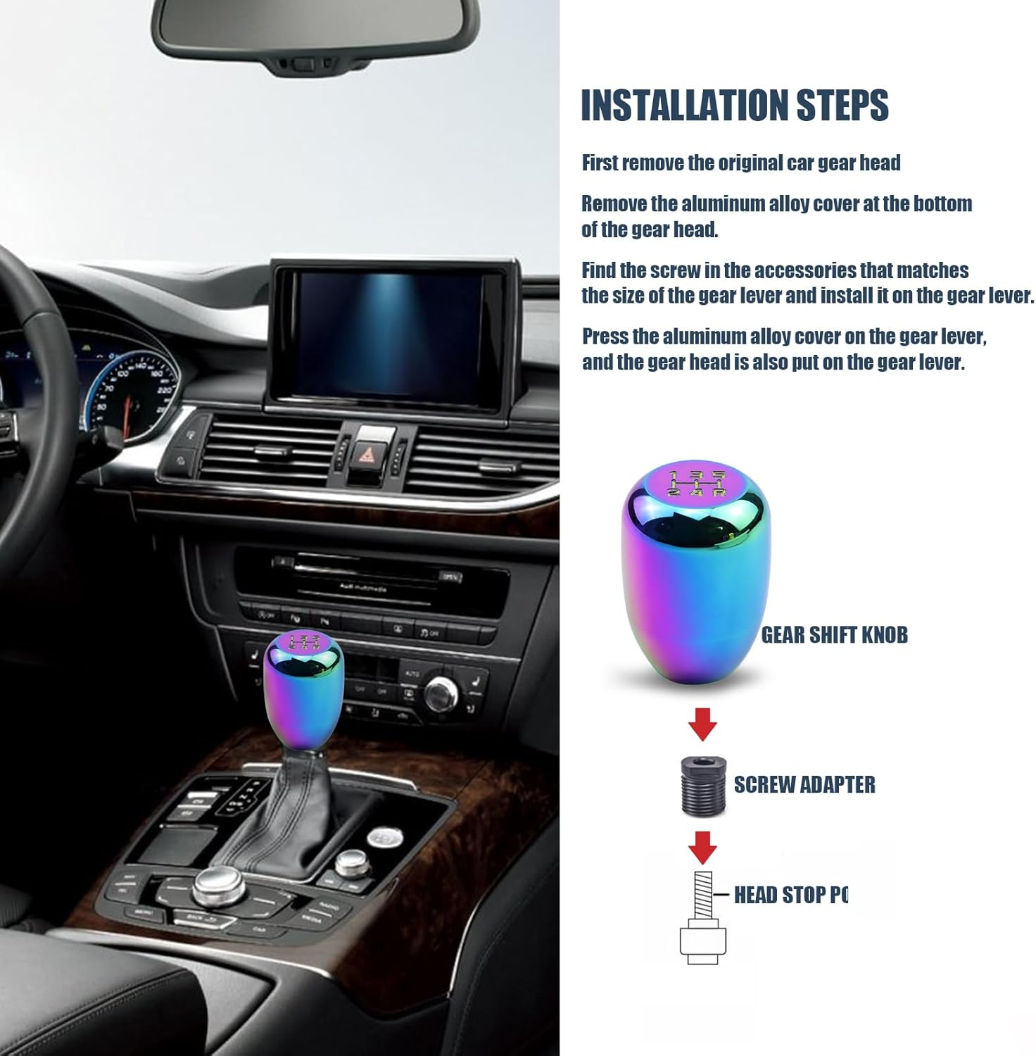 UGSHY 1 PC Car Manual Transmission Shift Knob, M12 X 1.25 Alloy Modified Wave Stick Shift Lever Head with 3 Adapter, Screw-In Shift Knob Replacement, Universal Car Interior Accessories (Multicolored) - Multicolor image number 5