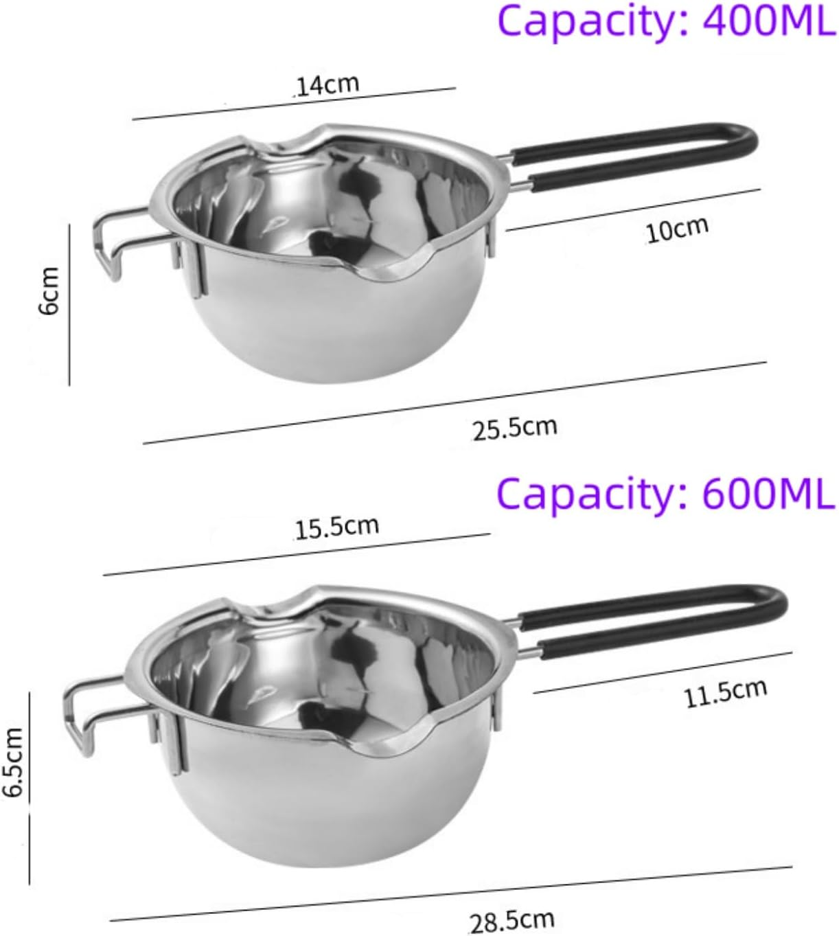 WUWFKUI 2PCS Stainless Steel Double Boiler Pot with Heat Resistant Handle for Melting Chocolate, Candy and Candle Making (400ML+600ML) image number 5