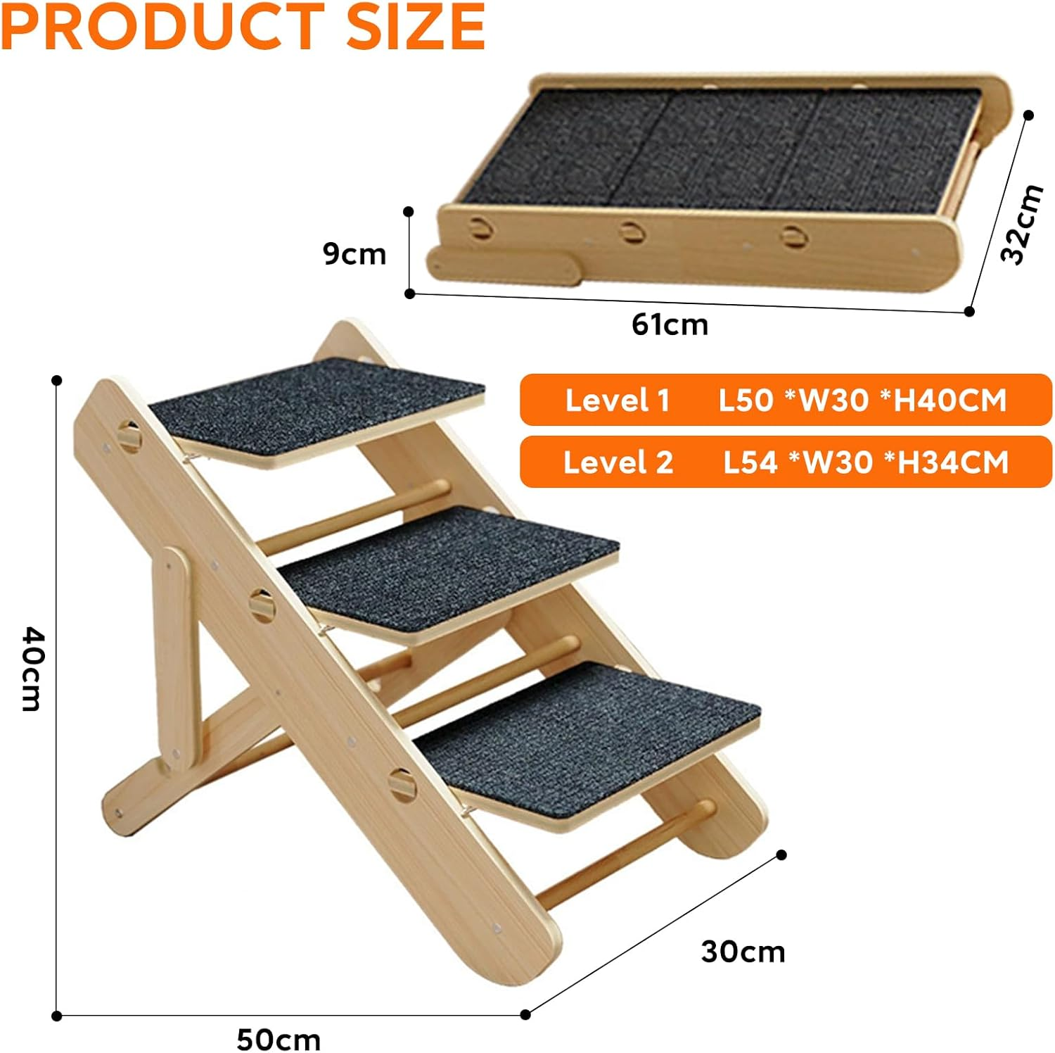 2-Level Convertible Foldable Dog Ramp & Stairs for Couch, Bed & Car, Wood Pet Steps for Small Dogs & Cats up to 22 Lbs, Non‑Slip Carpeted Surface, Portable Design (Assembly Required) image number 5