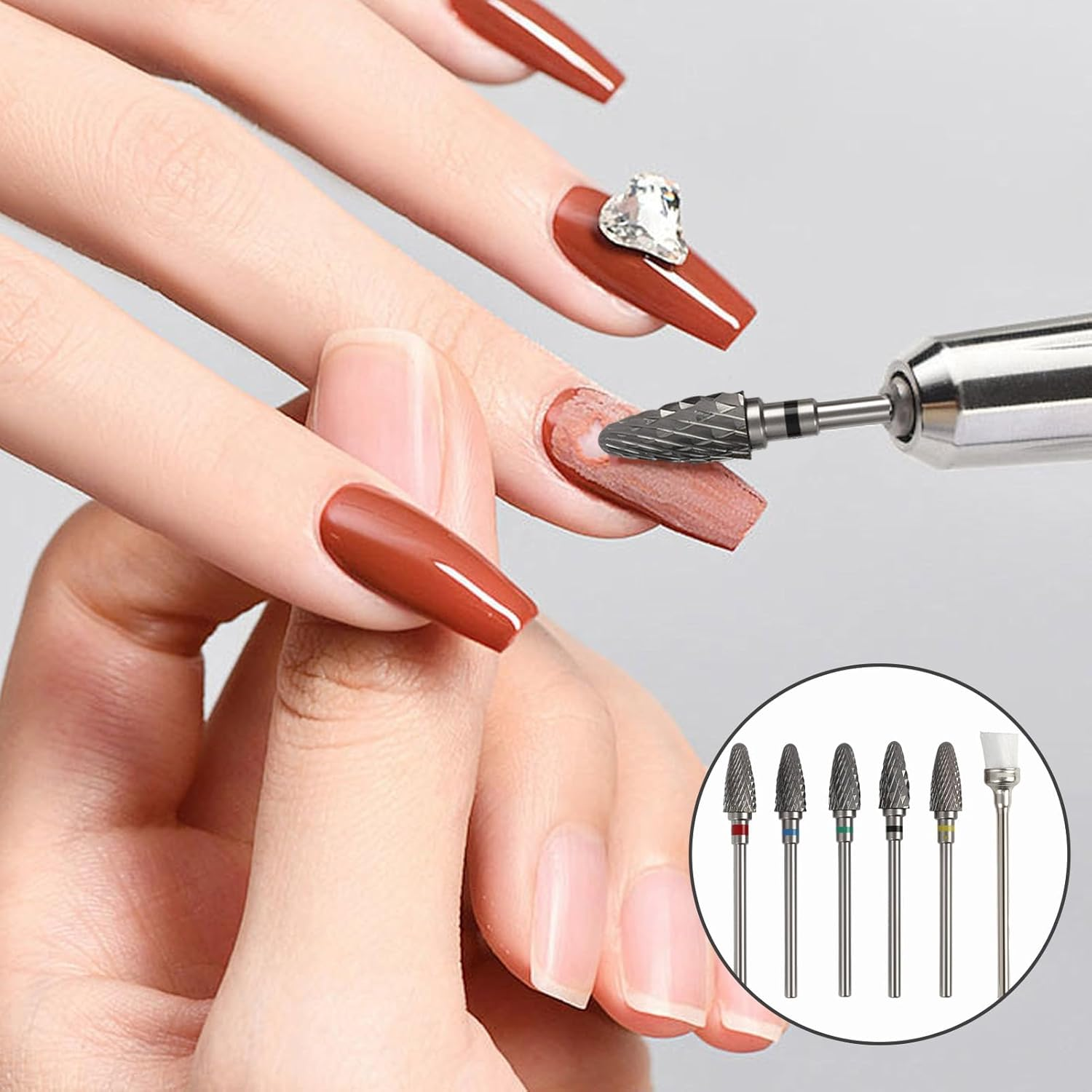 6 Pack 3/32" 5 in 1 Professional Carbide Nail Drill Bits Sets with Case, Tungsten Safety Drill Bits Tech Cuticle Bit Fast Remove for Manicurist Nail Salon Manicure Pedicure Gel Polishing (Round Head)