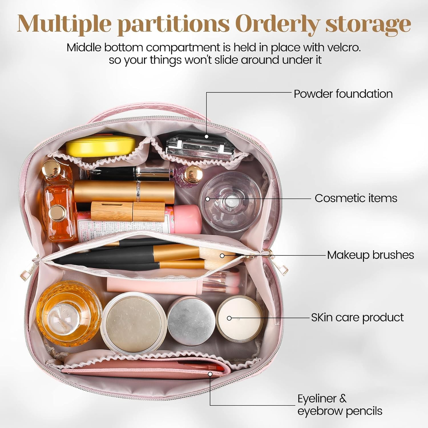 Large Capacity Travel Cosmetic Bag,Makeup Bag,Pu Leather Waterproof Cosmetic Bag,Women Portable Travel Makeup Bag with Handle and Divider Flat Lay Makeup Organizer Bag image number 5