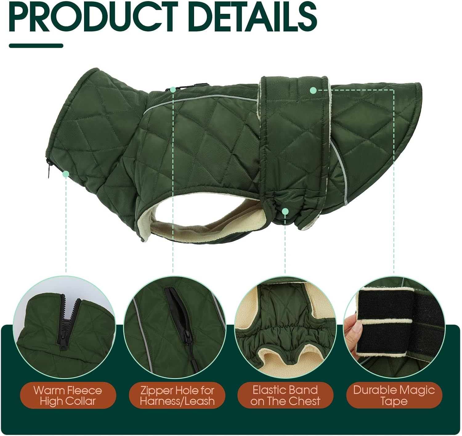 Kuoser Dog Coat, Extra Warm Dog Jacket Windproof Dog Cold Weather Coats for Medium Dogs, Fleece Lining Turtleneck Dog Snowsuit Reflective Adjustable Dog Winter Clothes, Green M image number 2