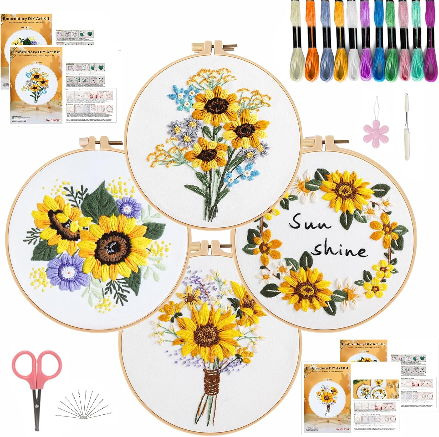 SHIPKEY 4 Sets Embroidery Kit, Beginner Stamped Stitching Kit for Adult, Starter Hand Embroidered Kits with Stamped Patterns | Sunflower image number 3