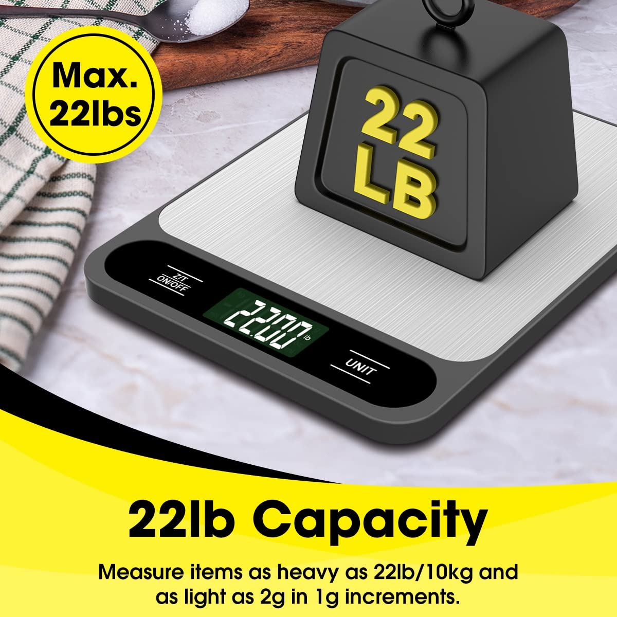 Mik-Nana Food Scale Black, 22Lb/10Kg Digital Kitchen Scale Grams and Oz for Baking Cooking and Weight Loss, 1G/0.04Oz Precise Graduation, Easy Clean Stainless Steel - Black image number 2
