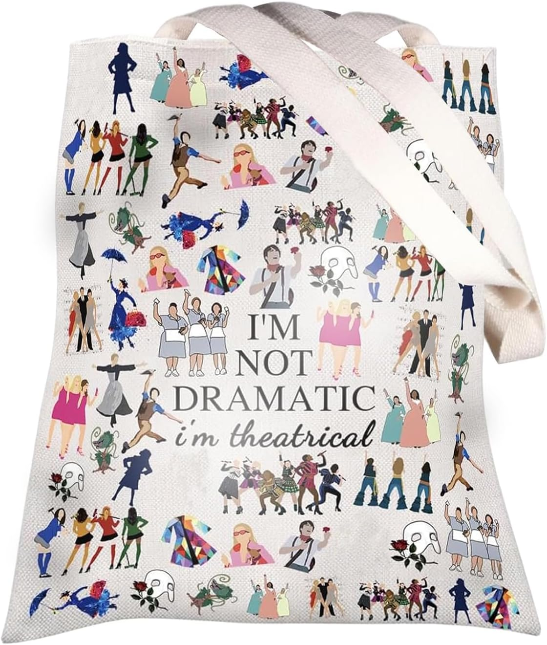 Broadway Character Musical Tote Bag Theatre Cosmetic Bag Theatre Fans Gift I'M Not Dramatic I'M Theatrical Musical Makeup Pouch Broadway Musical Theatre Gift Tote, Beige, Fashion image number 2