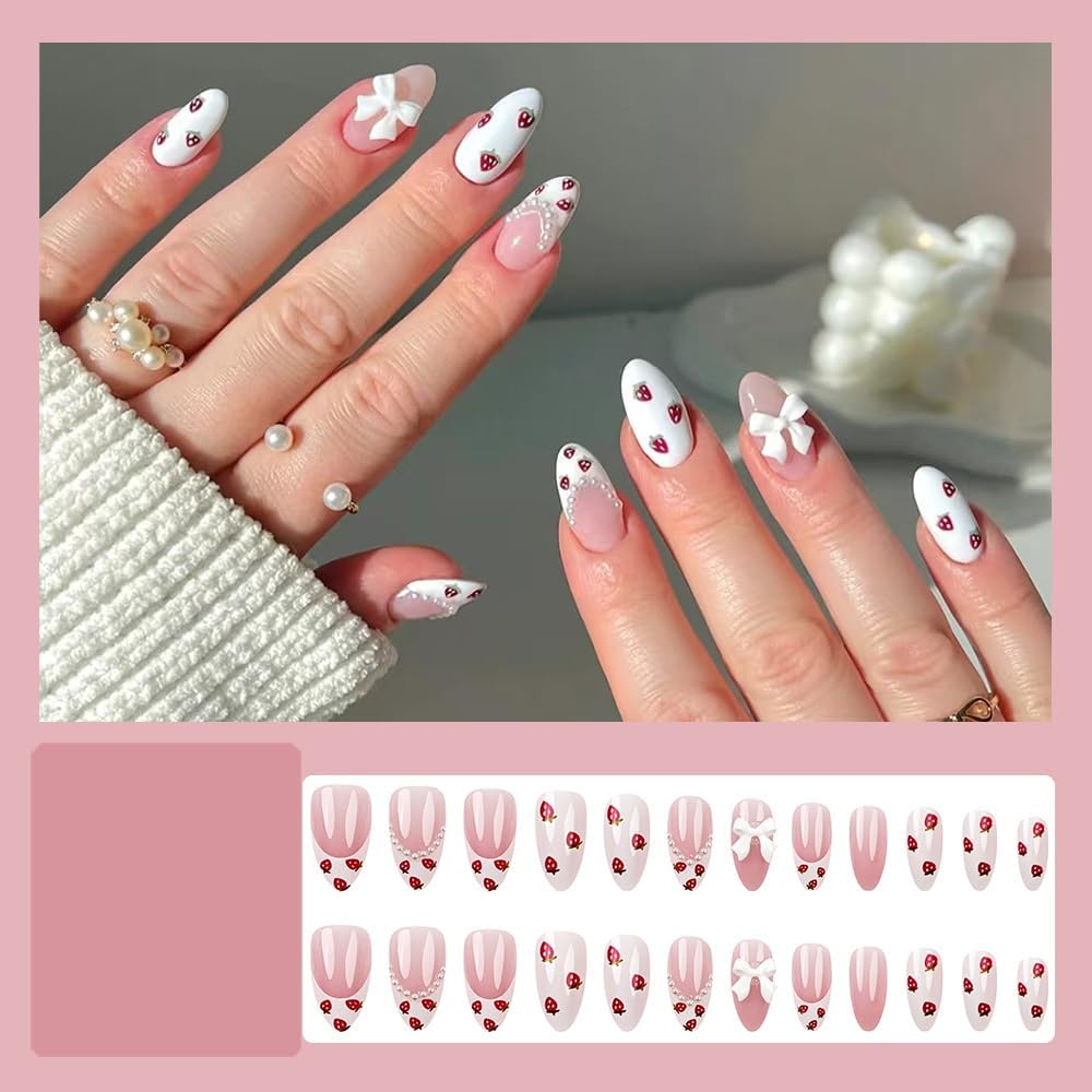 Mouyouglow Glow Press on Nails Short Almond White Strawberries French 3D Bow Tie Bow Tie Pearl Sweet Y2K Fake Nails with Nail Glue, White Strawberries Tips INS Artificial Fingernails - Akh13 image number 2