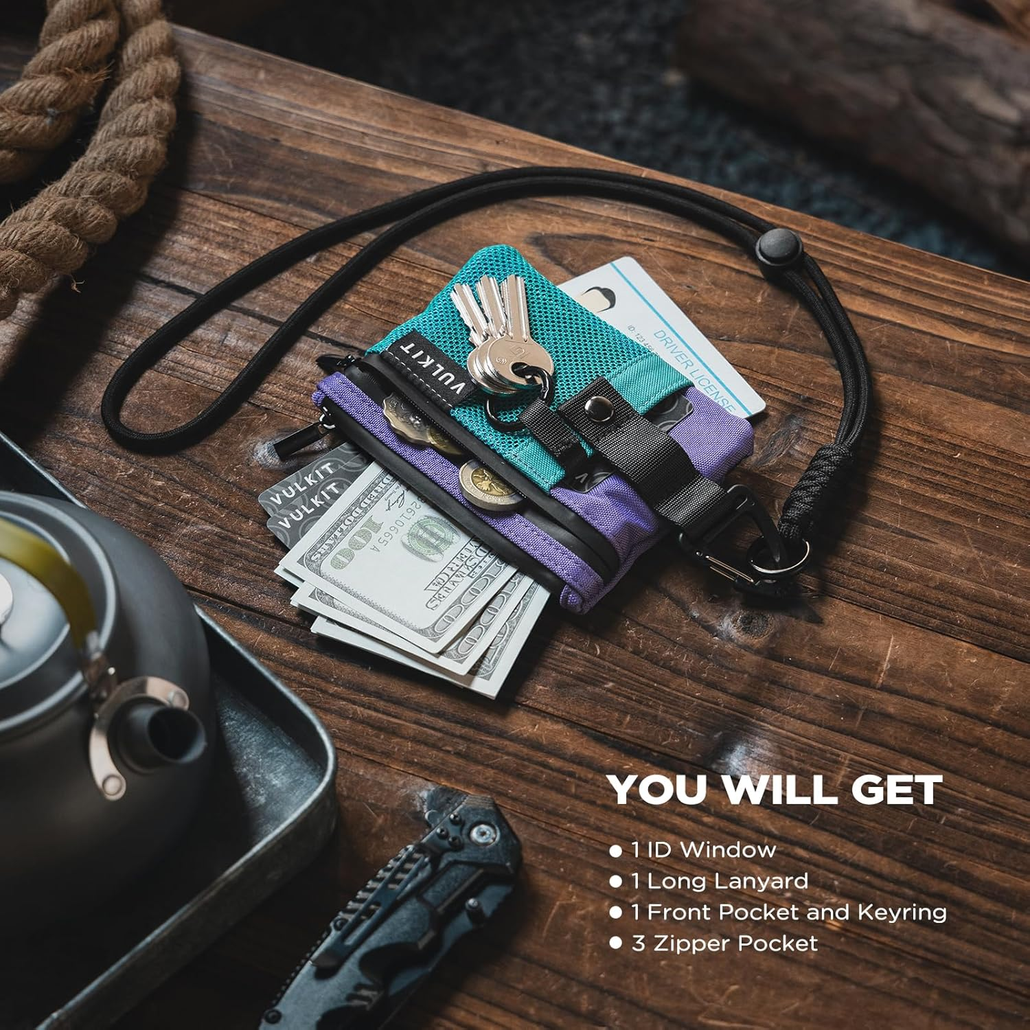 VULKIT Small RFID Wallet for Women & Men - Minimalist Zipper Wallet with ID Window, Keychain & Carabiner, Holds 15 Cards, Water Resistant Travel Lanyard Wallet Aauagreen Purple