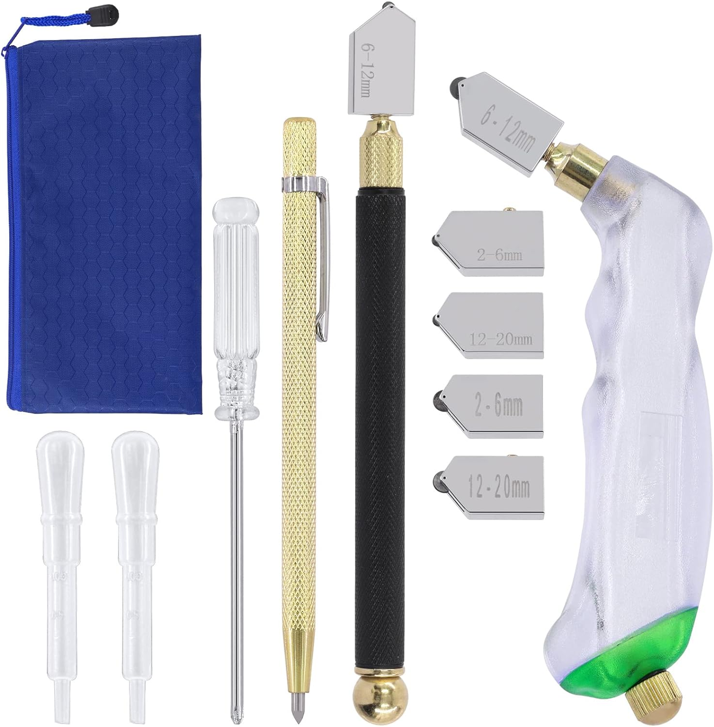 Swpeet 11Pcs 2Mm-20Mm Glass Cutter Pistol Grip and Ergonomic Grip Tungsten Carbide Glass Cutting Tools with Oil Dropper and Pen Glass Cutter Assortment Kit, Professional Stained Glass Cutting Tool