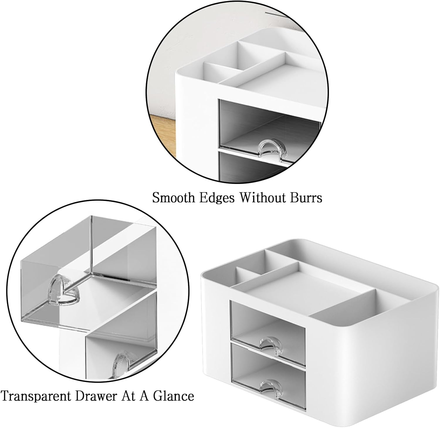 Desk Organizer with 2 Drawer and 5 Compartments, Multi-Compartment Pencil Pen Holder Drawer Storage Organizer Accessories for Office Home (White) image number 2