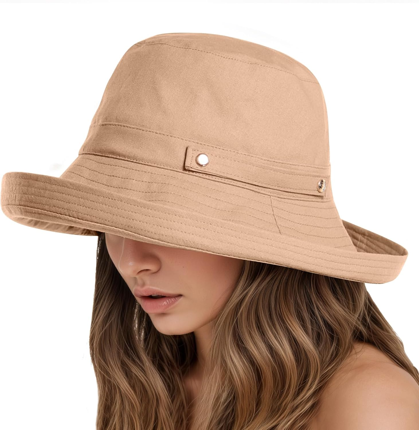 KEOYA Women'S Cotton Linen Bucket Hat Wide Brim Sun Hat with SPF50+ Adjustable Button Detachable Windproof Chin Strap