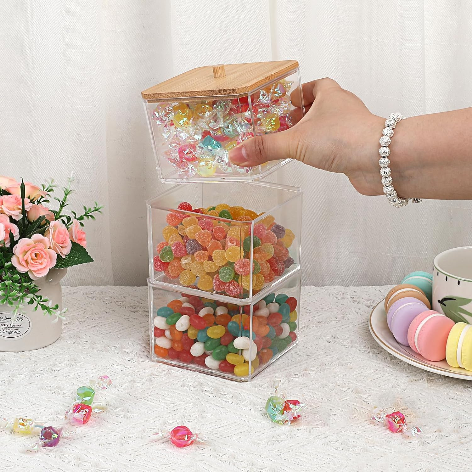 BTSKY Clear Stackable Paper Clip Holder with Bamboo Lid 3-Layer Paperclip Box Thick Acrylic Office Supply Accessory Organizer Square Small Storage Holder Cute Qtip Holder for Office Bathroom Vanity image number 6