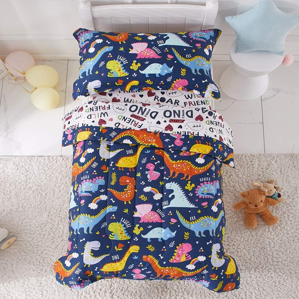 Joyreap 4 Piece Toddler Bedding Set, Standard Size Colorful Dinosaur Printed on Navy, Includes Quilted Comforter, Fitted Sheet, Top Sheet, and Pillow Case for Boys N Girls